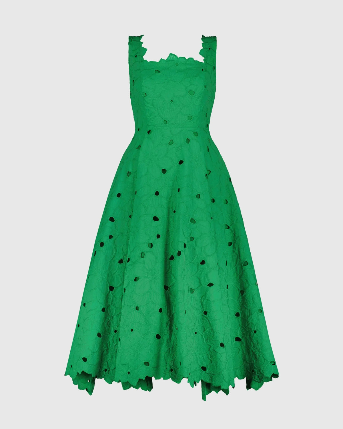 Mac Duggal Green Embroidered Cotton A-Line Midi Dress