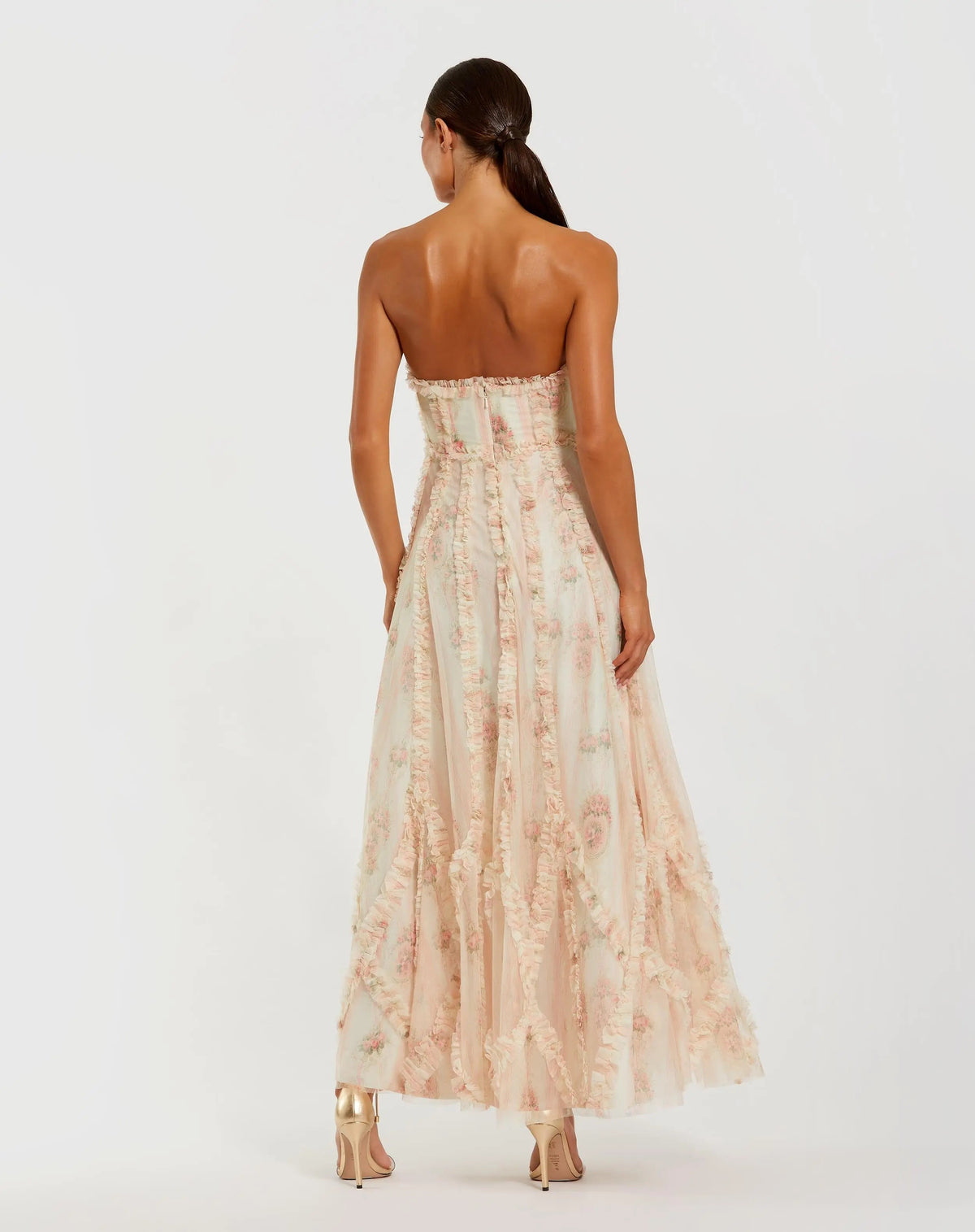 Mac Duggal Pink and White Strapless Floral Ruffle Dress