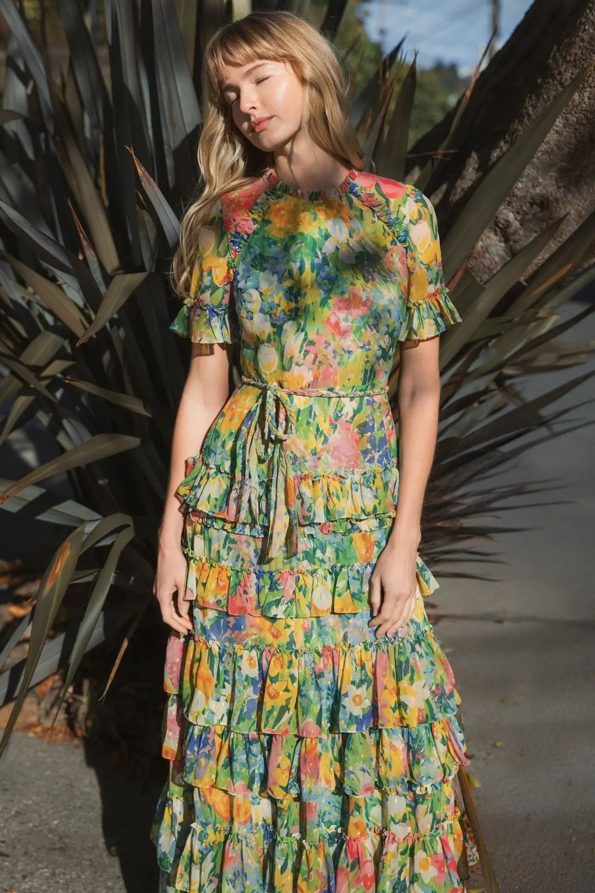 Mac Duggal Green Ruffle Tiered Chiffon Floral Dress