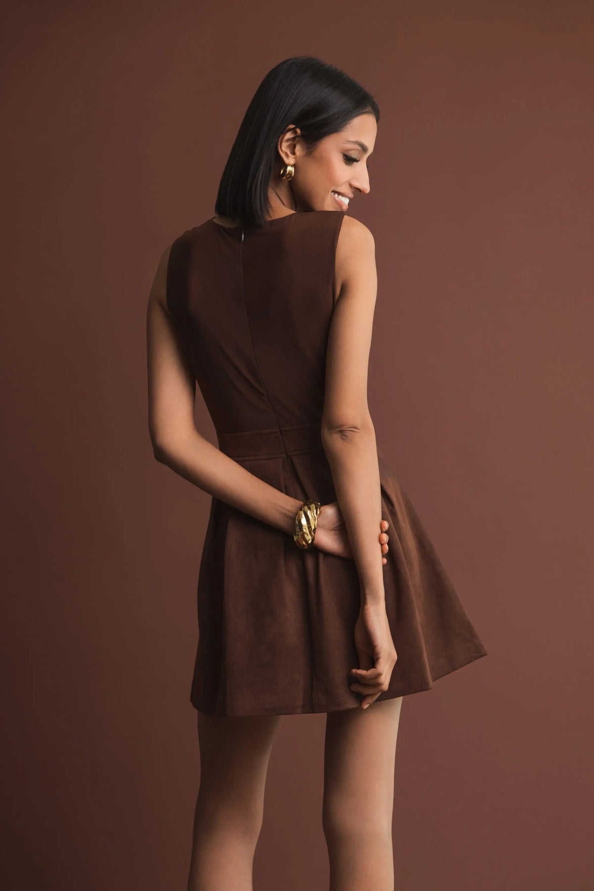 Mac Duggal Brown Sleeveless Mesh And Suede A Line Mini Dress