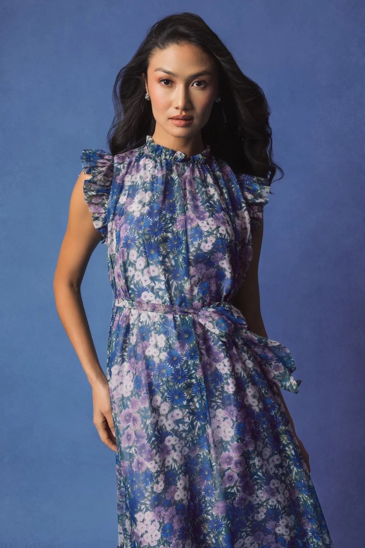 Mac Duggal Purple Floral Chiffon Cap Sleeve Gown