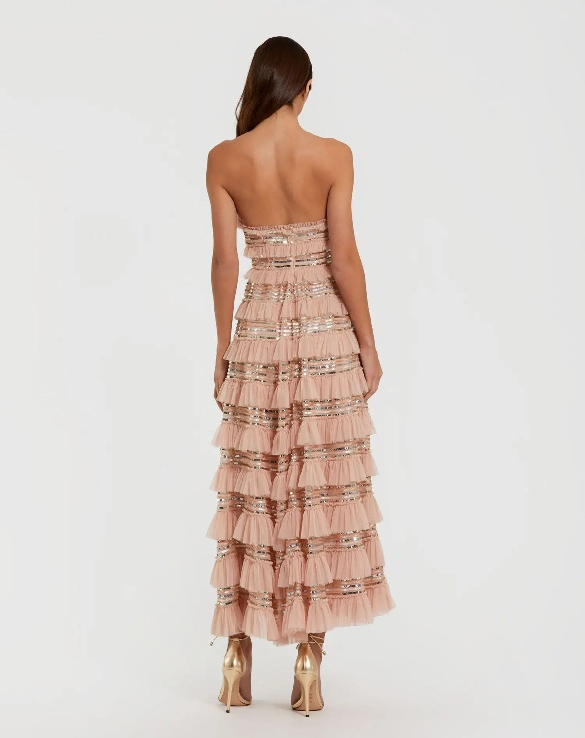 Mac Duggal Pink Strapless Sequin Micro Ruffle Maxi Dress