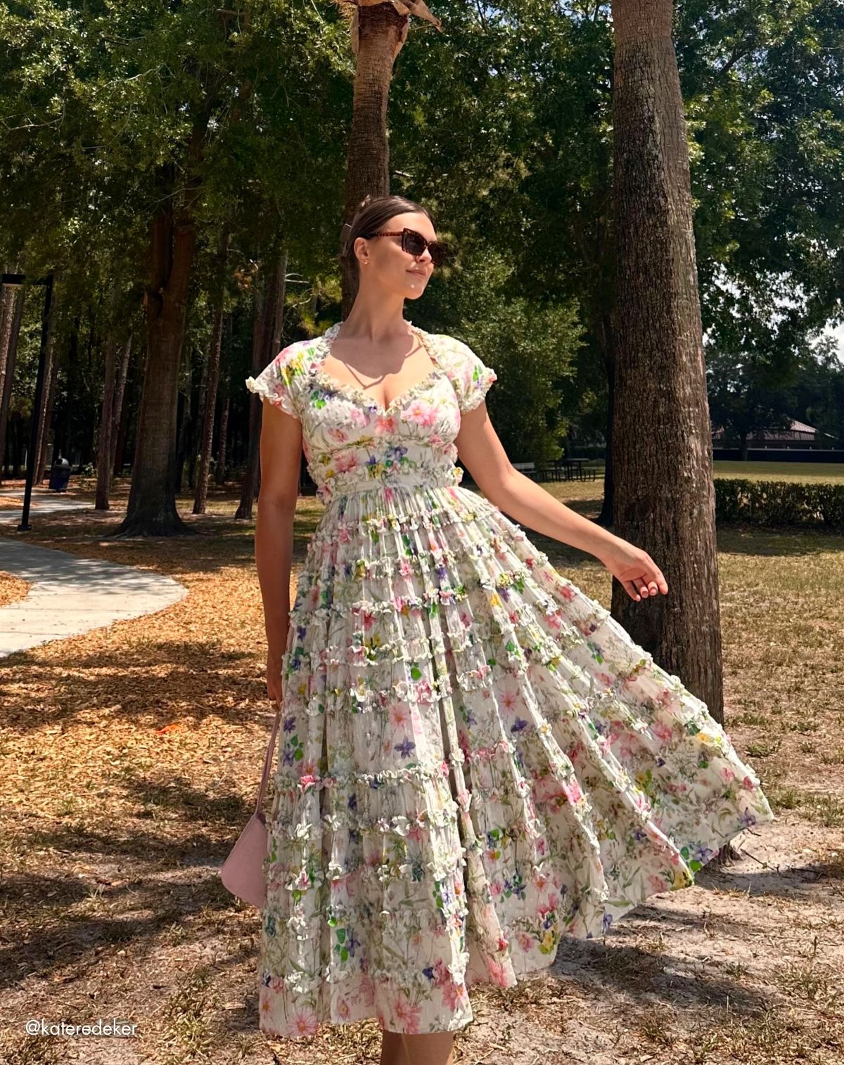 Mac Duggal White Floral Ruffle Open Back Cotton Midi Dress