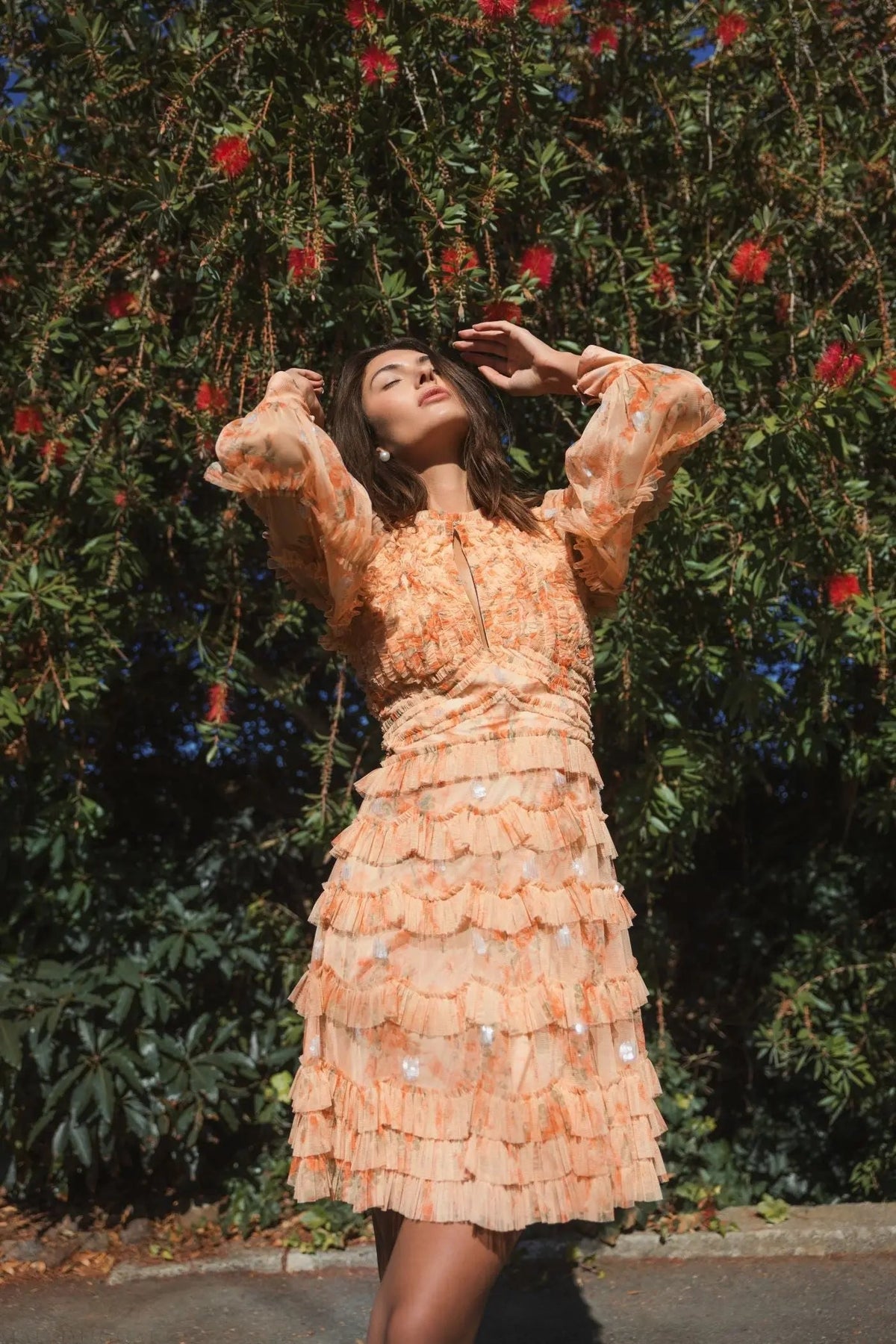 Mac Duggal Orange Key Hole Detail Long Sleeve Dress