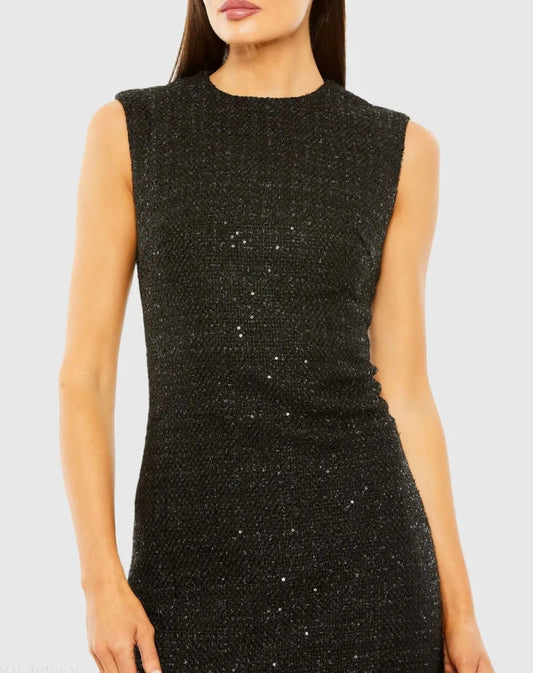 Mac Duggal Black A-Line Shift Dress with Feather Trim