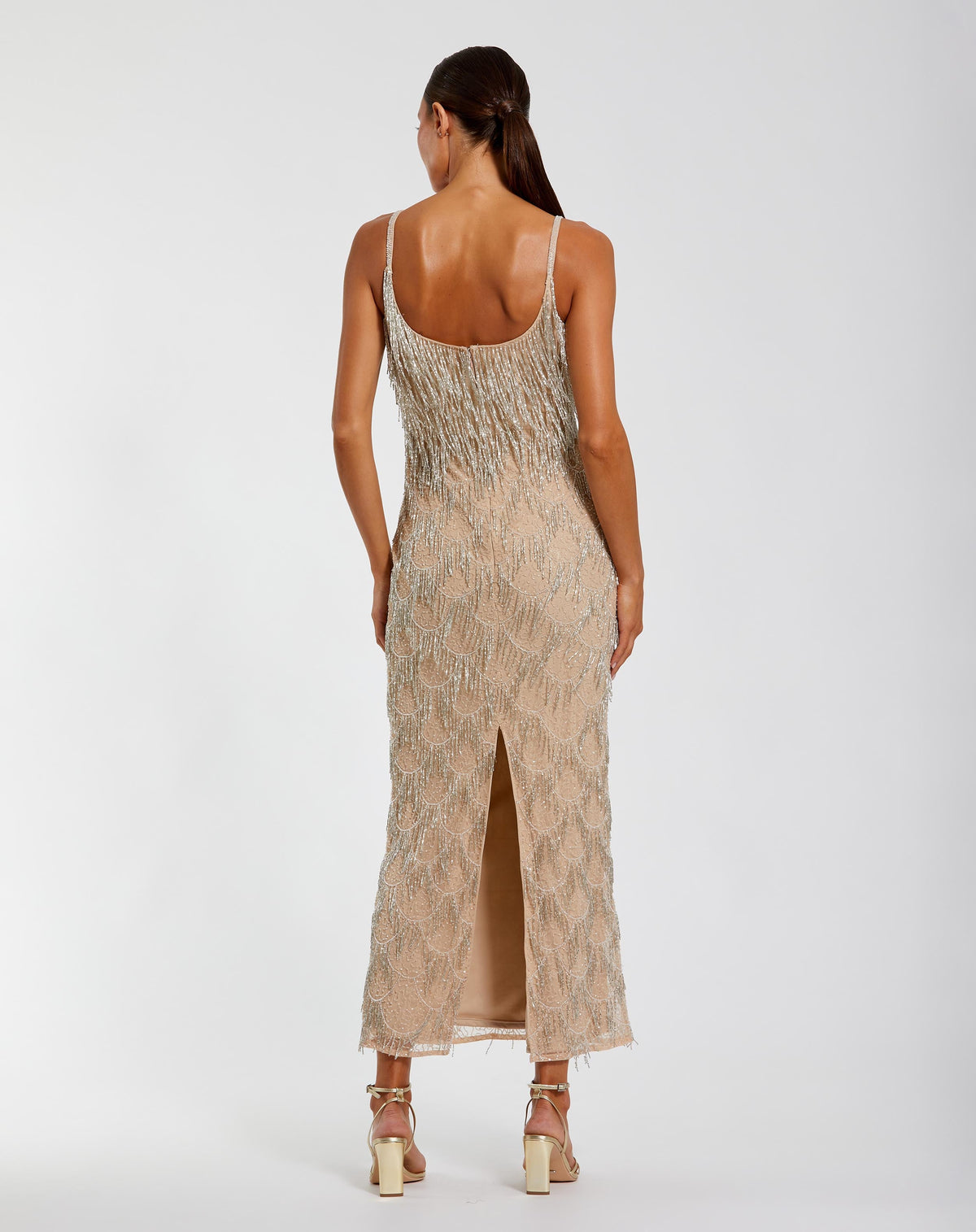 Mac Duggal Nude Beaded Fringe Column Maxi Dress