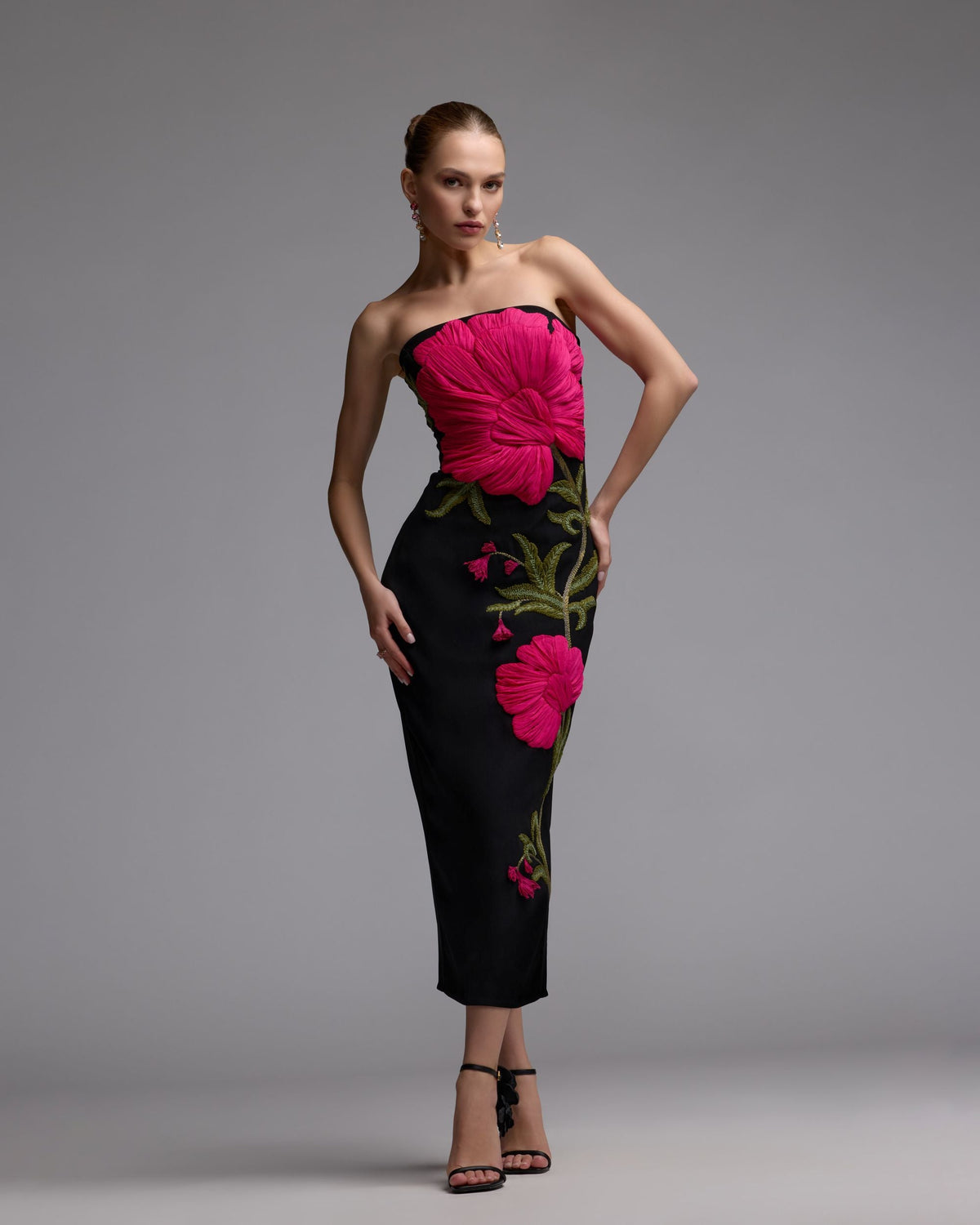 Mac Duggal Black Strapless Floral Embroidered Midi Dress