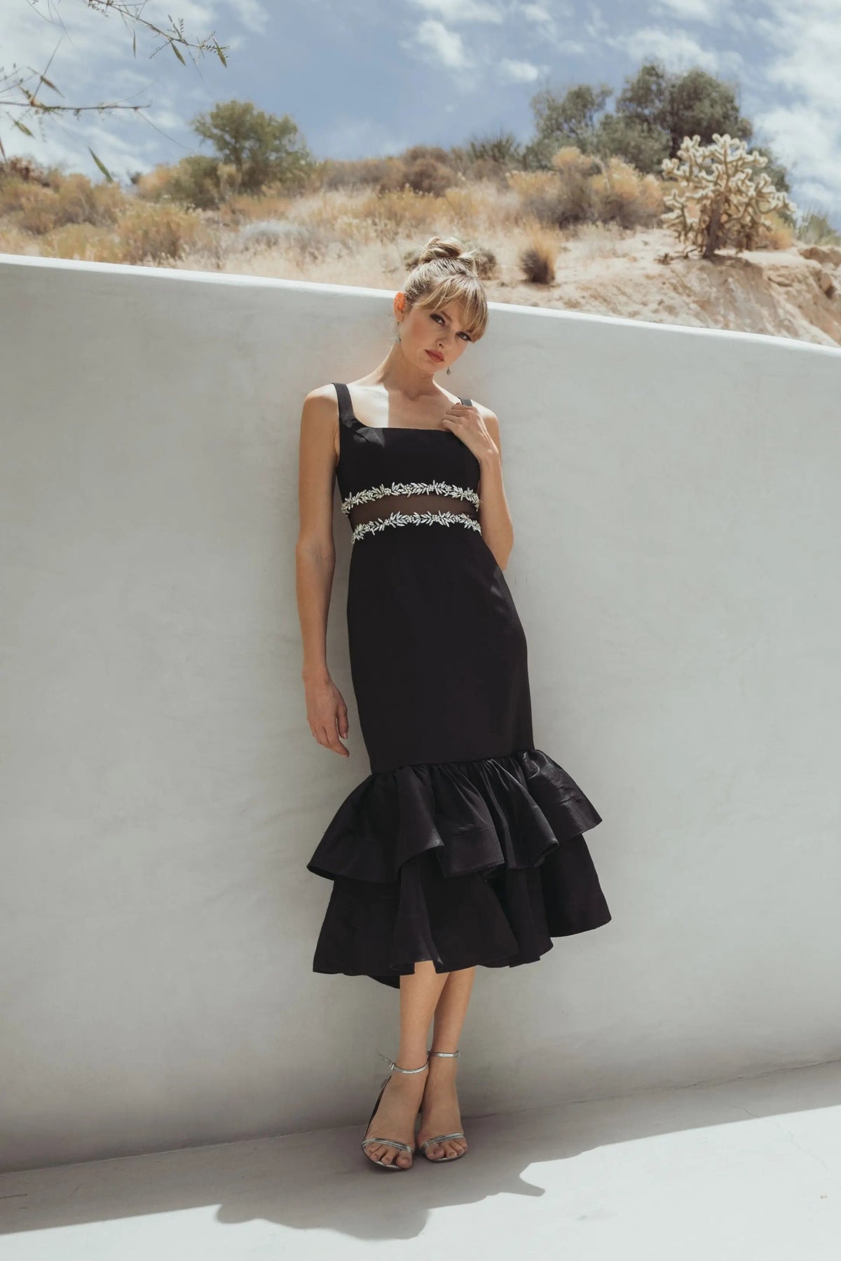 Mac Duggal Black Crepe Ruffle Hem Midi Dress With Jewel Detail