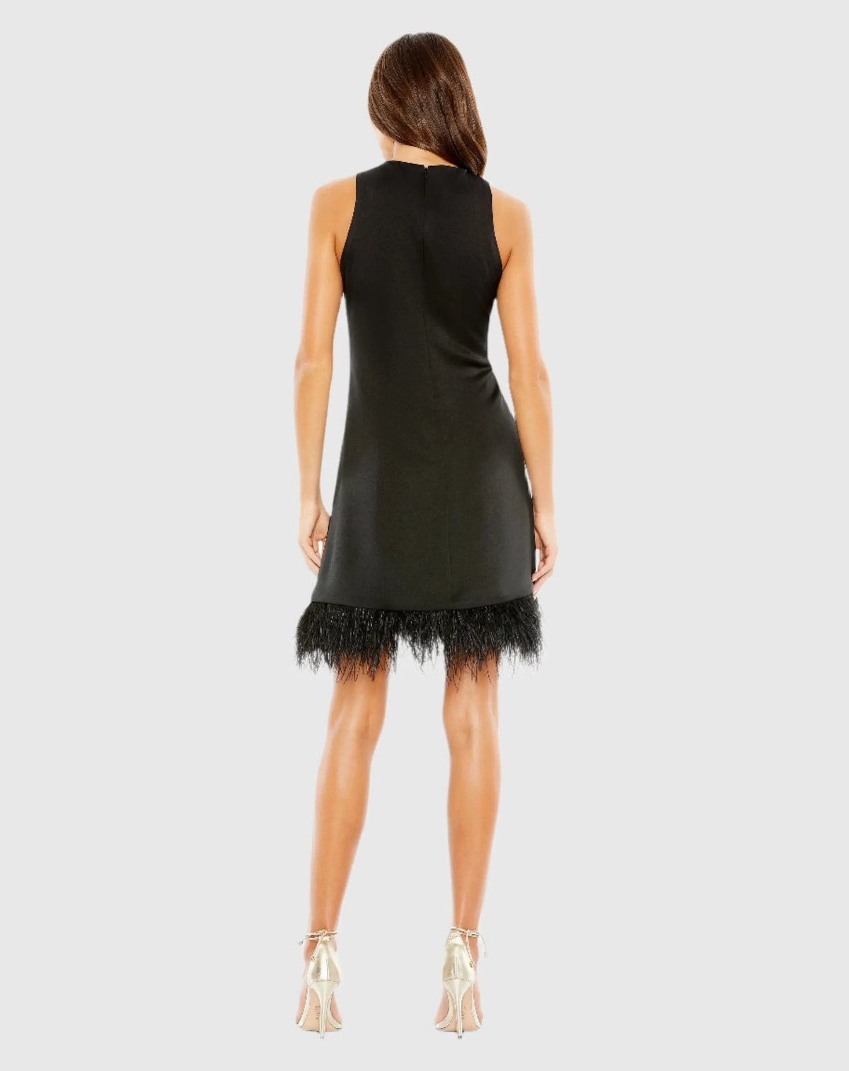 Mac Duggal Black Feathered Hem High Neck Sleeveless Trapeze Dress