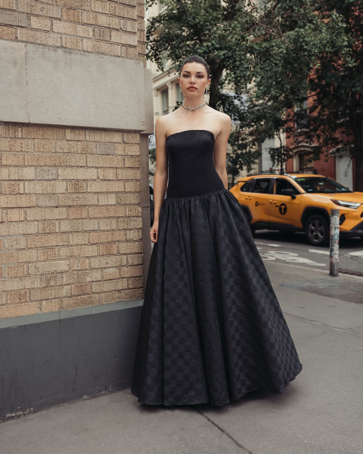 Mac Duggal Black Strapless Satin Drop Waist Gown