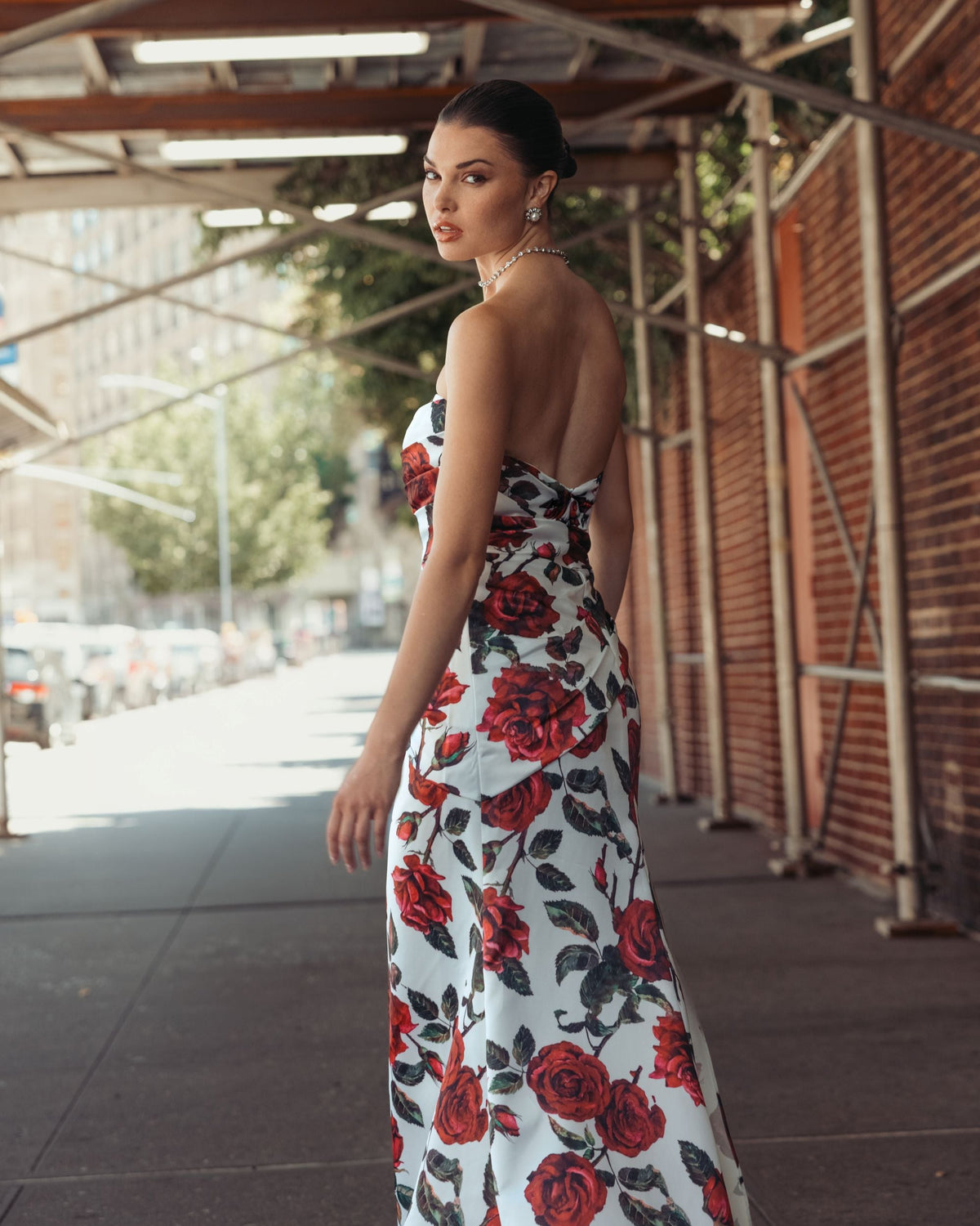 Mac Duggal White Floral Strapless Satin Gown With Bow