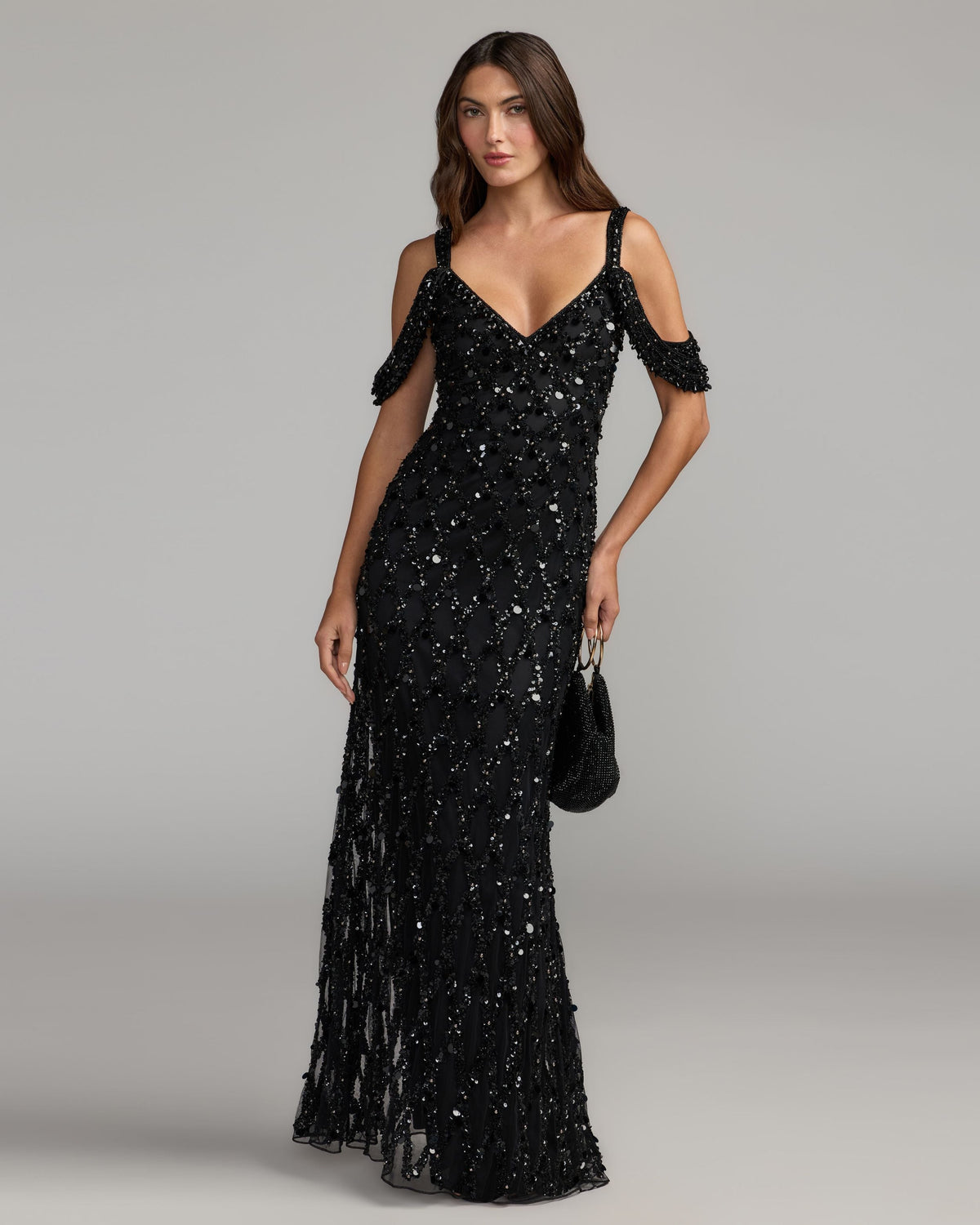 Mac Duggal Black Sequin Embellished V-Neck Gown