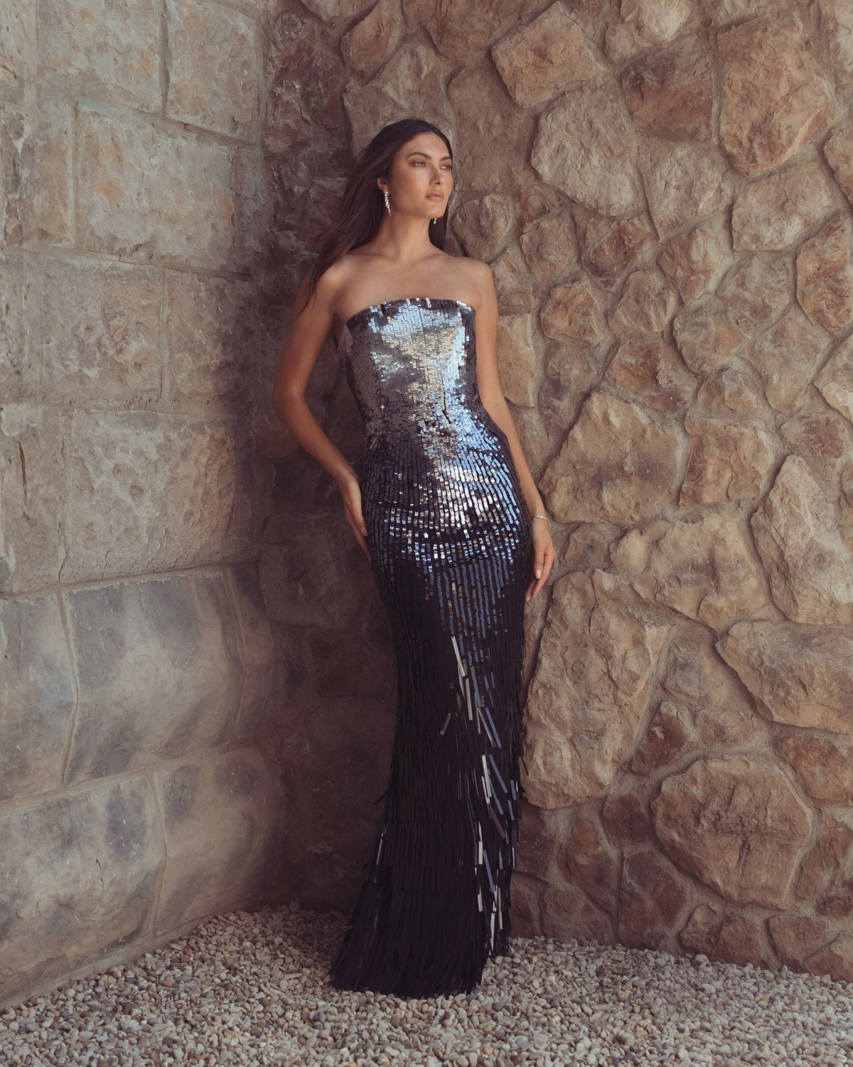 Mac Duggal Silver and Black Ombre Sequin Strapless Fringe Gown