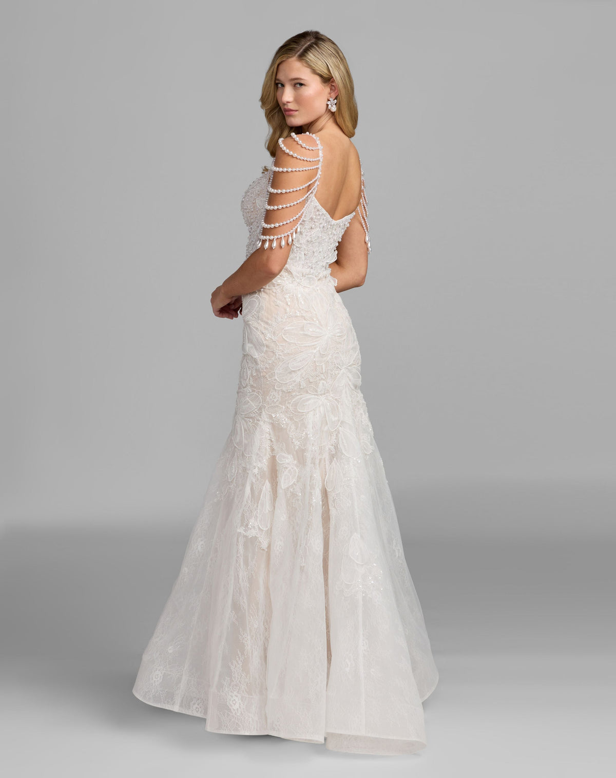 Mac Duggal White Floral Lace Mermaid Gown With Draped Beading