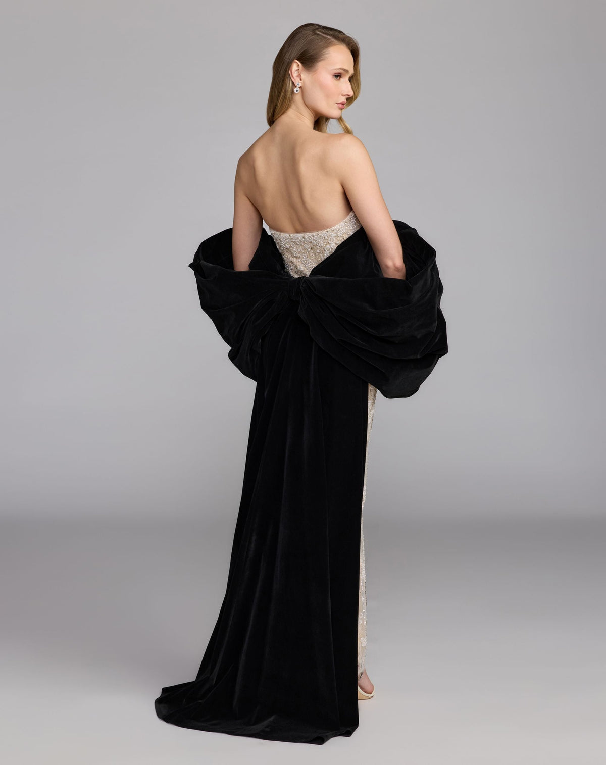 Mac Duggal Beige and Black Strapless Embellished Dress With Velvet Bow