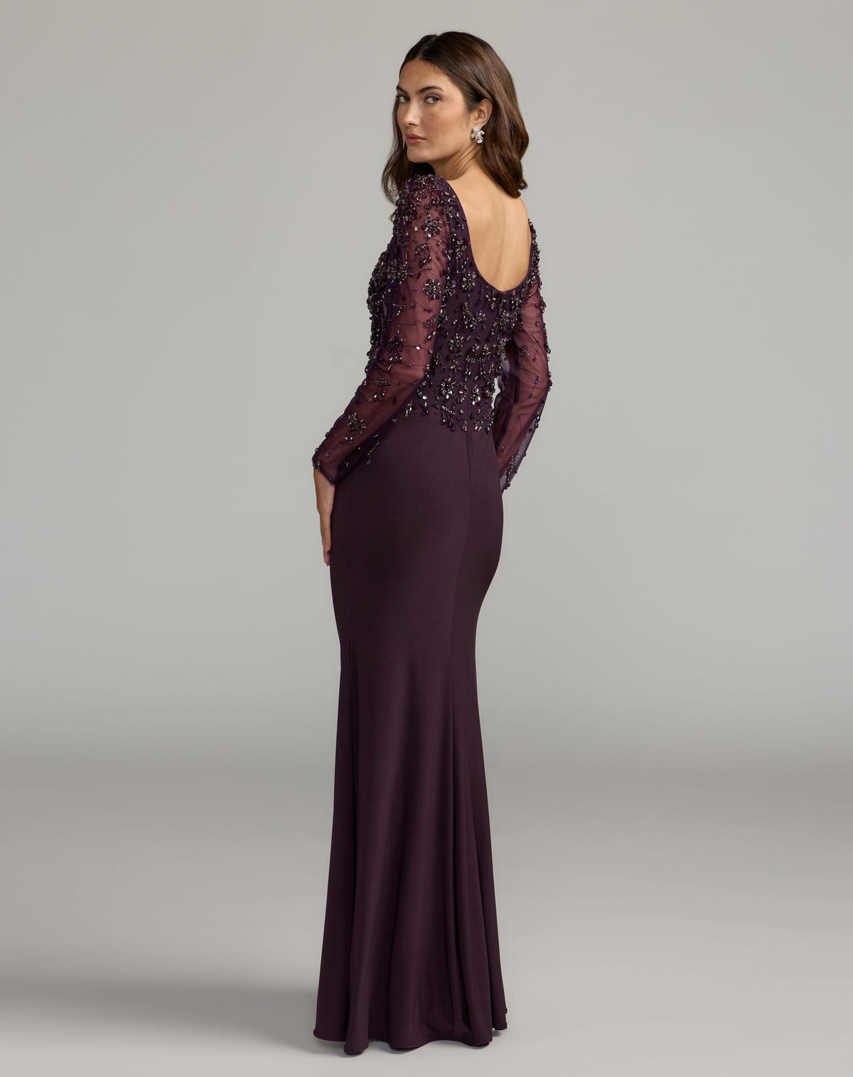 Mac Duggal Purple Long Sleeve Beaded Column Gown