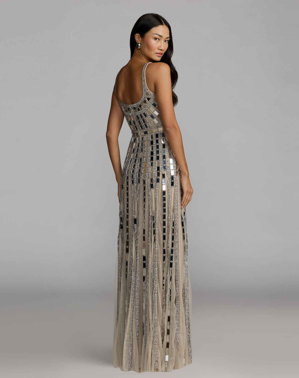 Mac Duggal Silver Mirror Embellished Sleeveless Evening Gown