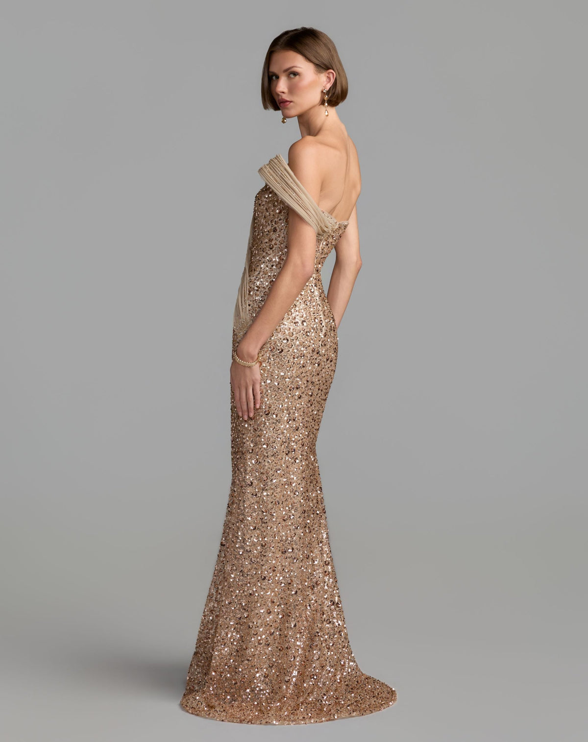 Mac Duggal Gold Embellished Strapless Gown With Sculptural Drape
