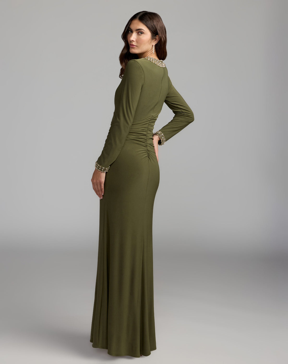 Mac Duggal Dark Green Embellished Long Sleeve Gown With Slit