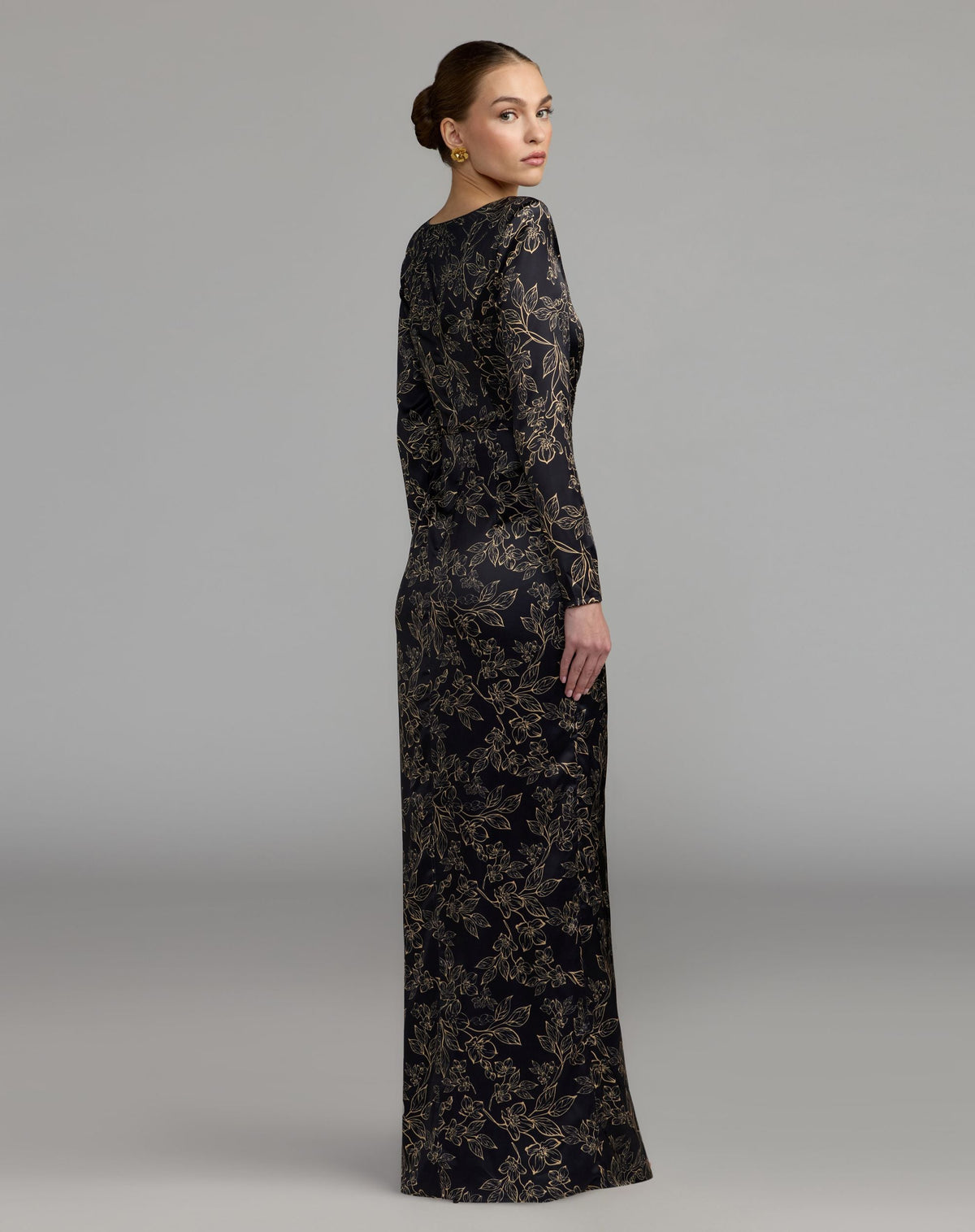 Mac Duggal Black Floral Printed Long Sleeve Gown With Bow