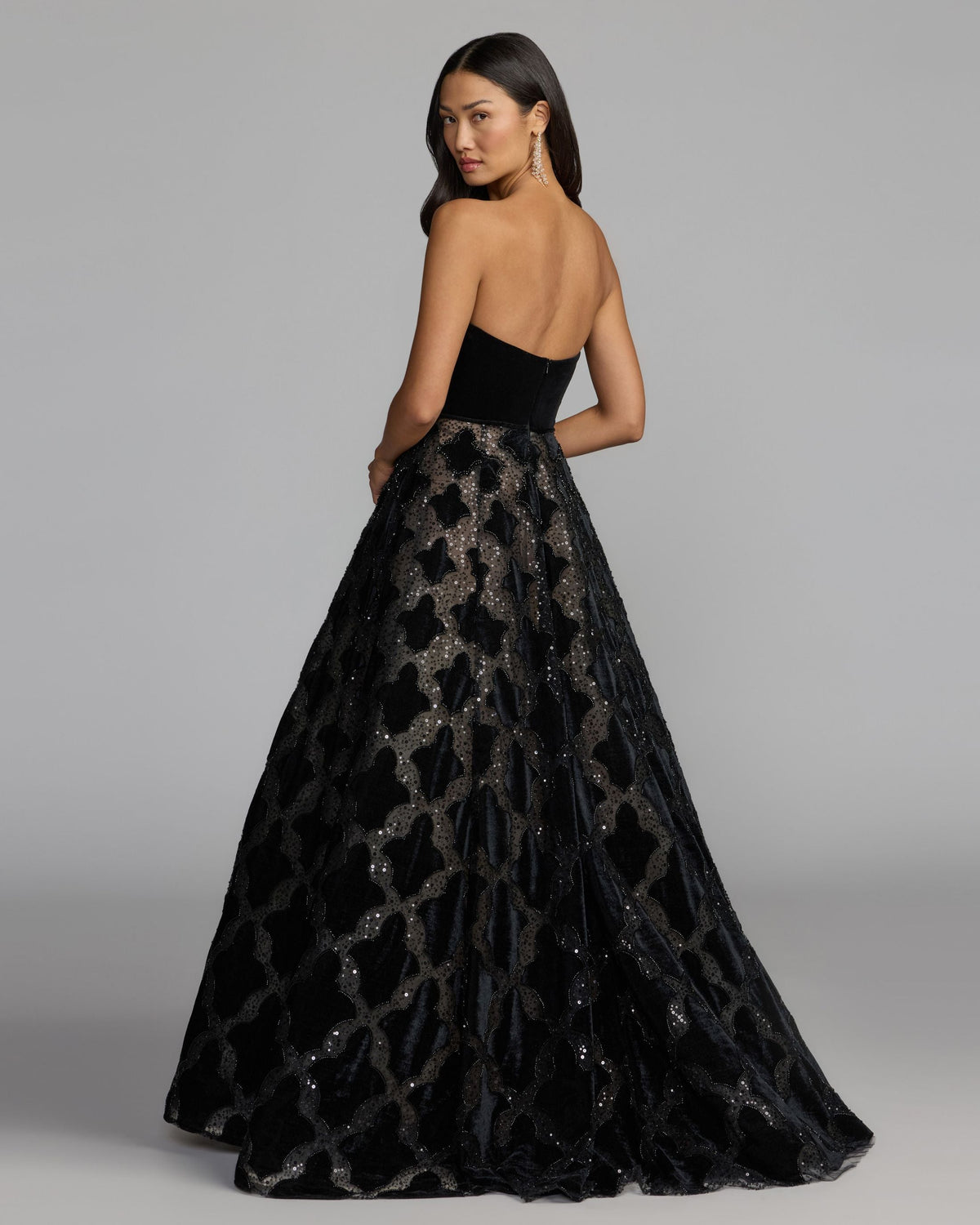 Mac Duggal Black Strapless Velvet Bodice Embellished Ball Gown