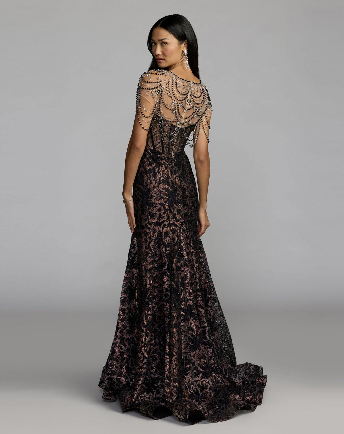 Mac Duggal Black Lace Corset Gown With Draped Beading