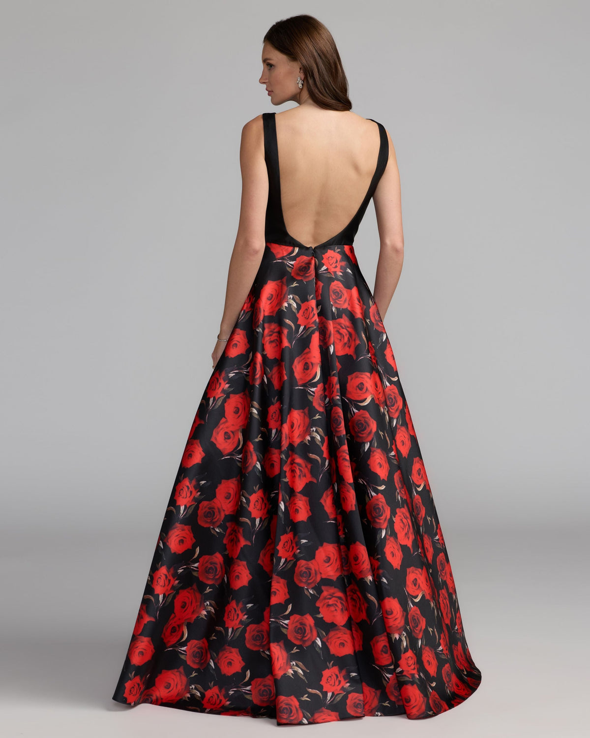 Mac Duggal Black And Red Floral Open Back Ball Gown