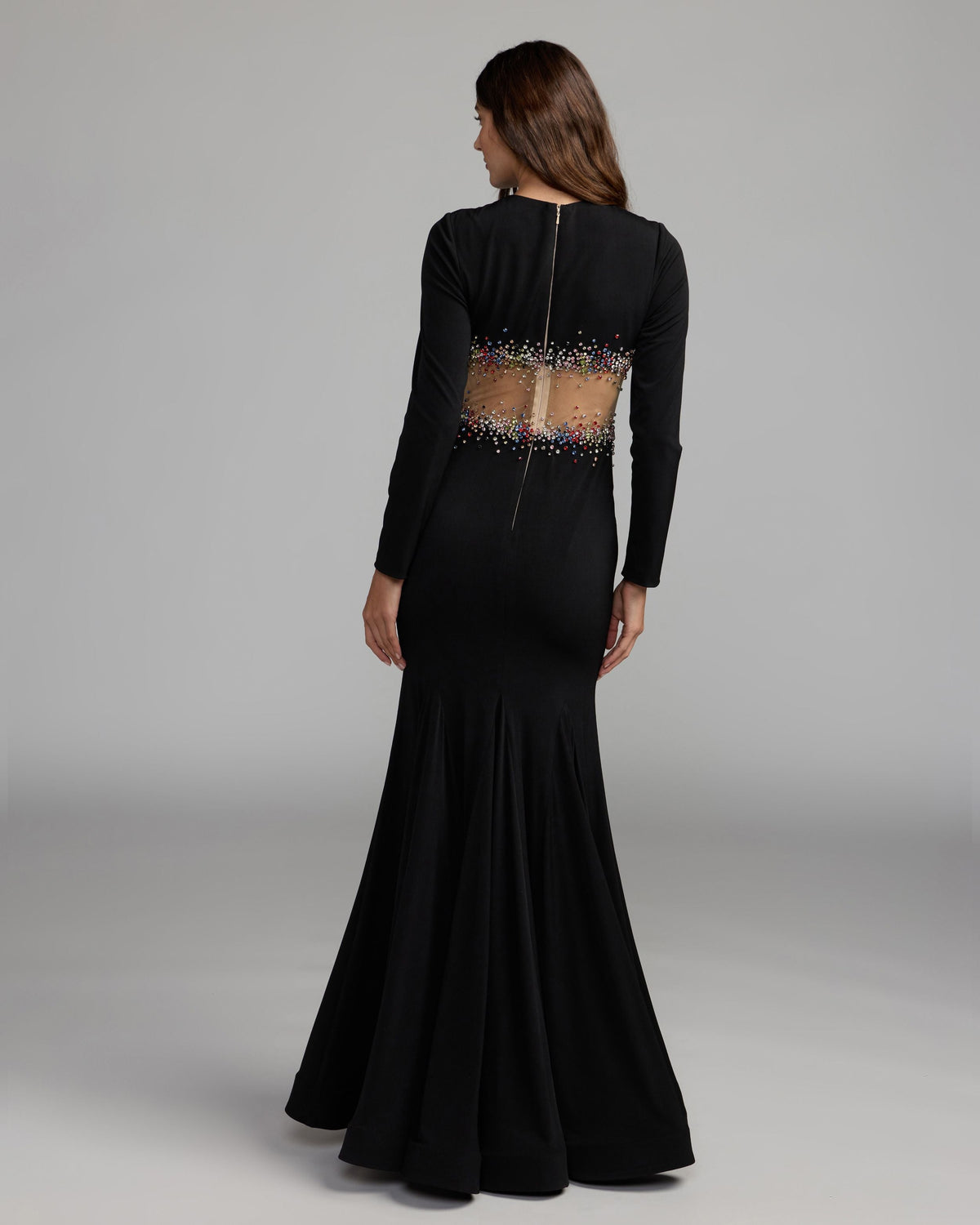 Mac Duggal Black Multicolor Crystal Embellished Illusion Jersey Gown