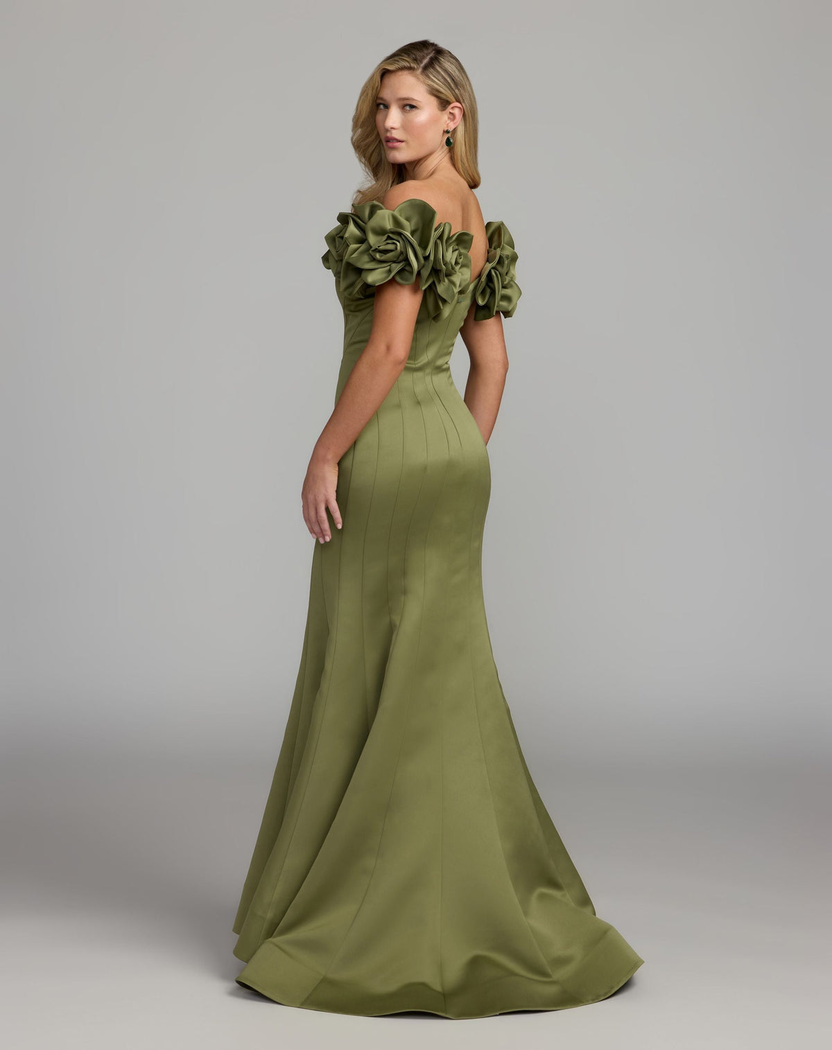 Mac Duggal Green Off The Shoulder Gown with 3D Floral Sleeves
