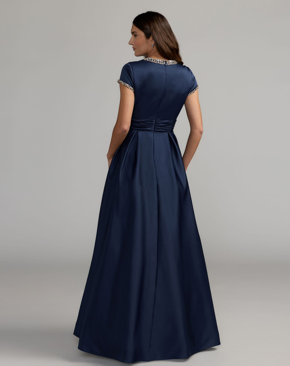 Mac Duggal Petite Navy Embellished Satin Cap Sleeve Ball Gown