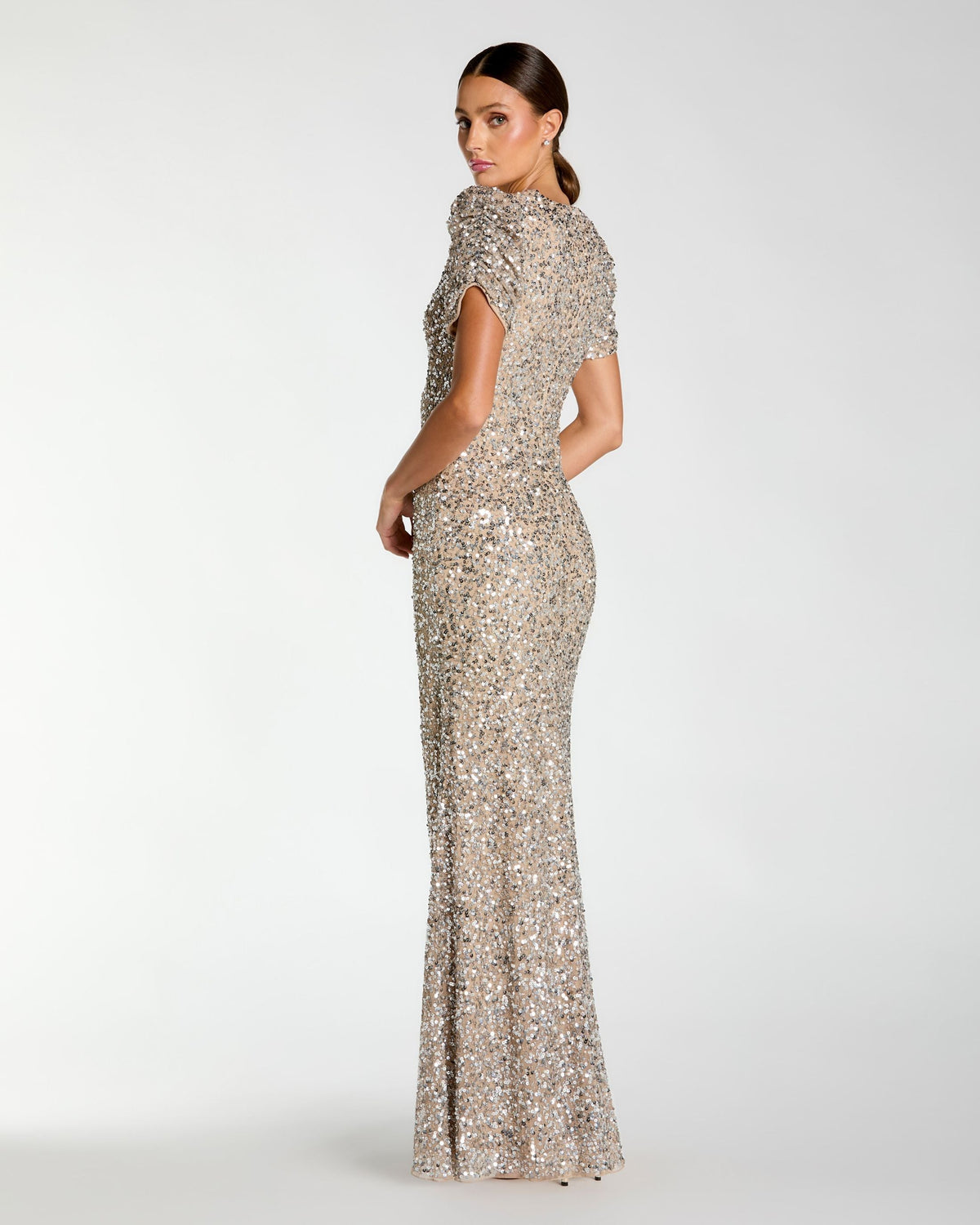 Mac Duggal Petite Beige Sequin Trumpet Gown with Puff Sleeves