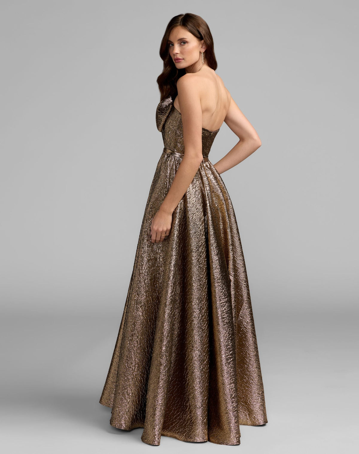 Mac Duggal Gold Metallic Strapless Brocade Gown With Bow