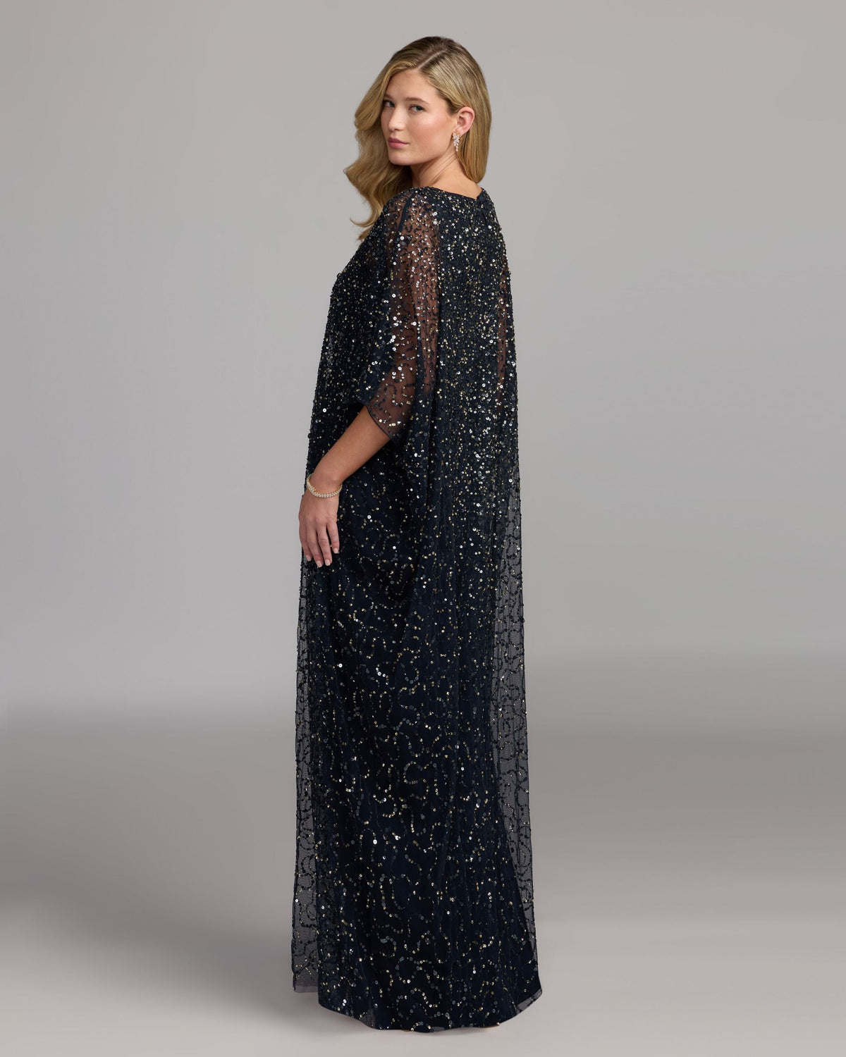 Mac Duggal Navy Sequin Embellished Kaftan Gown