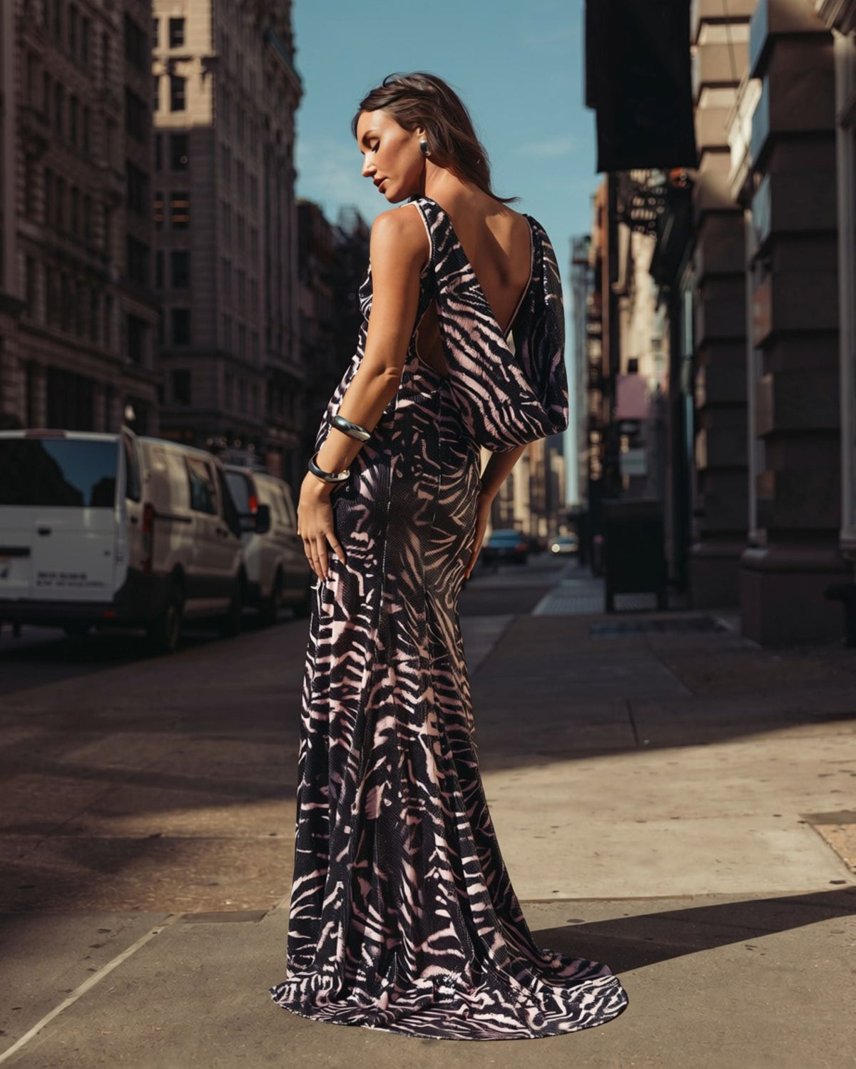Mac Duggal Black Multi Tiger Print Sequin Cowl-Back Gown