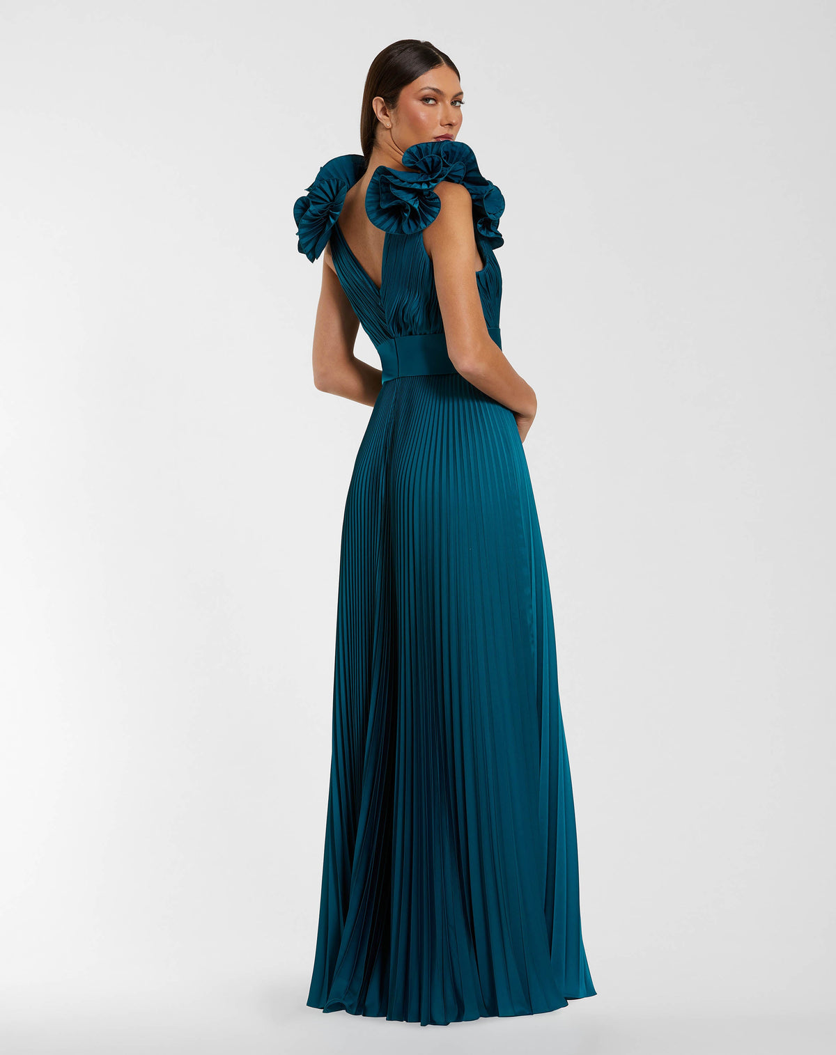 Mac Duggal Blue Ruffle Shoulder Pleated Charmeuse Gown With Slit