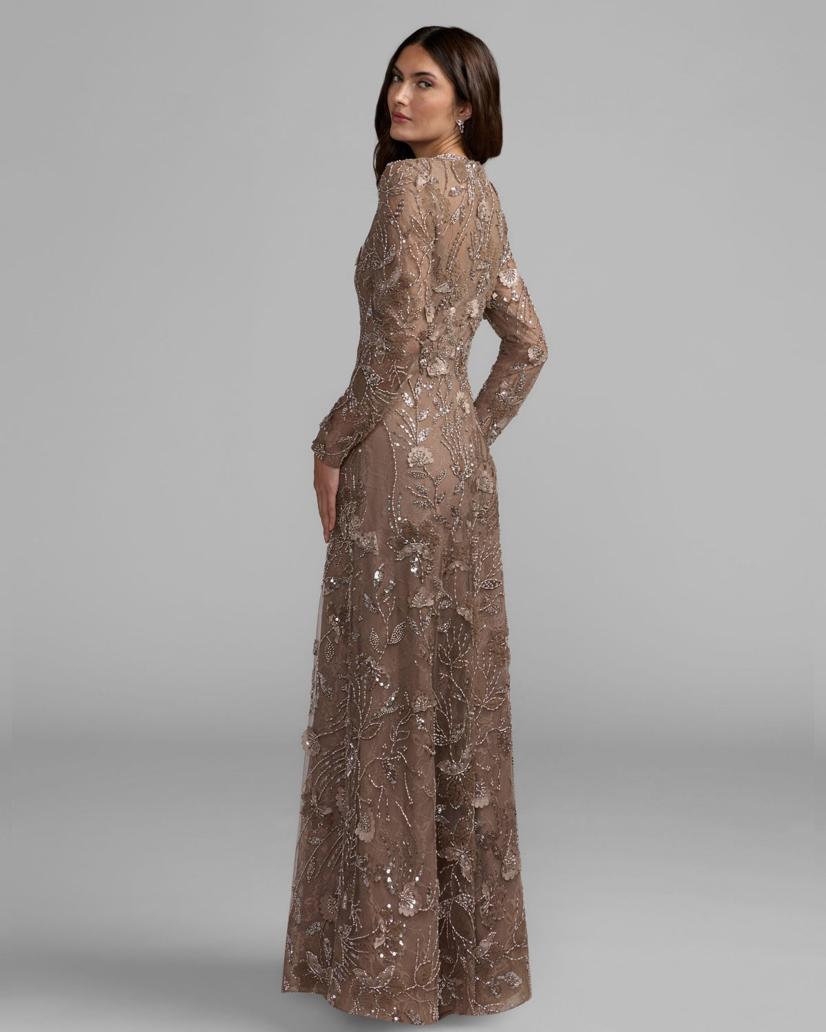 Mac Duggal Brown Long Sleeve Floral Embellished Lace Gown