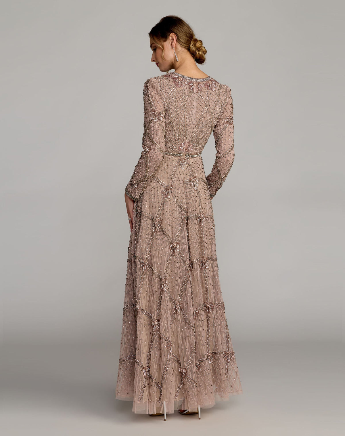 Mac Duggal Pink Rhinestone Embellished Long Sleeve A-Line Gown