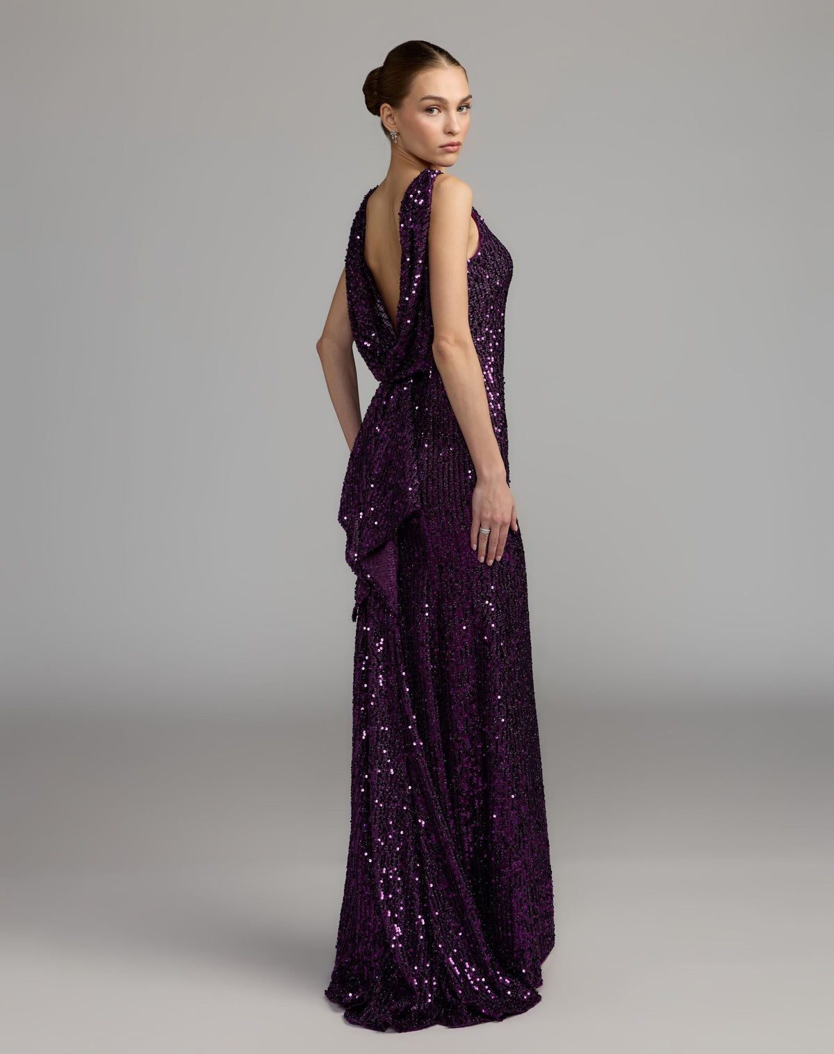 Mac Duggal Purple Sleeveless Cowl Back Sequin Evening Gown
