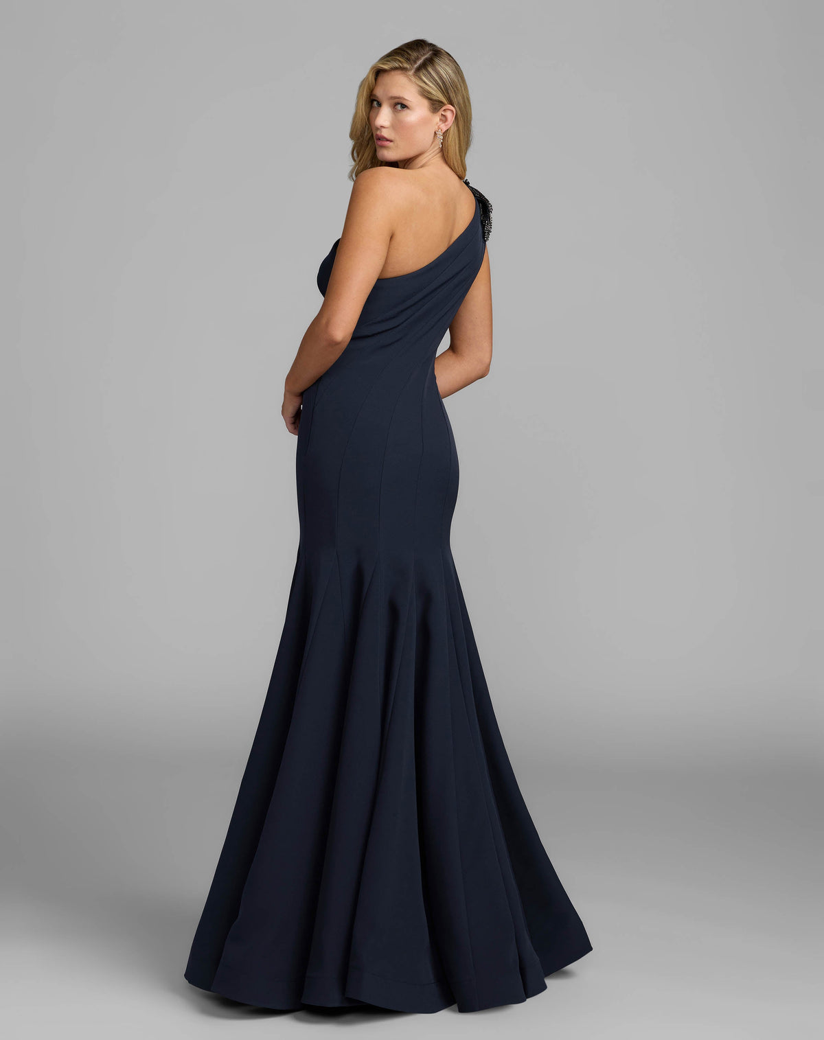 Mac Duggal Navy One Shoulder Trumpet Gown With Crystal Flower