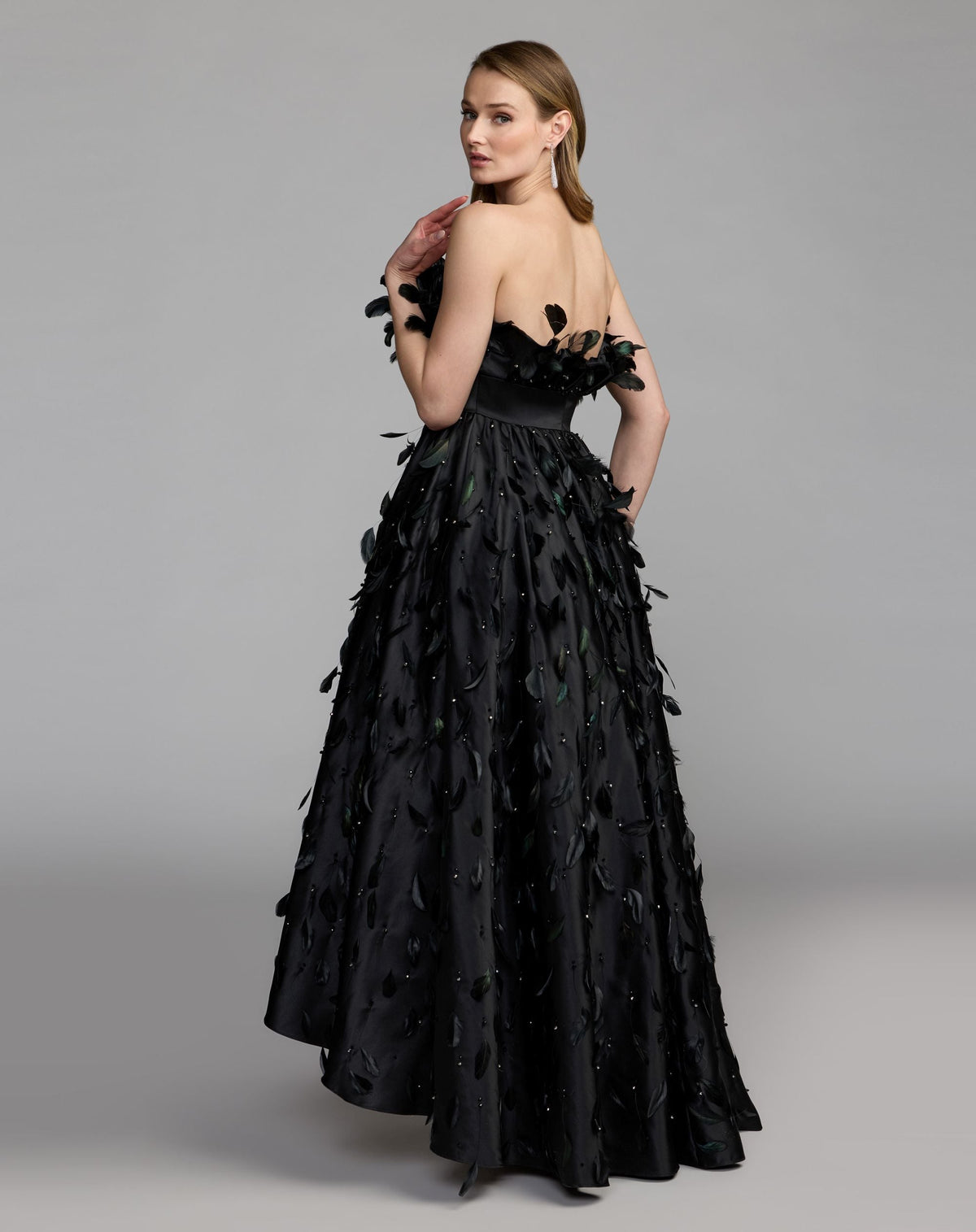 Mac Duggal Black Strapless Feather Embellished Satin High Low Gown