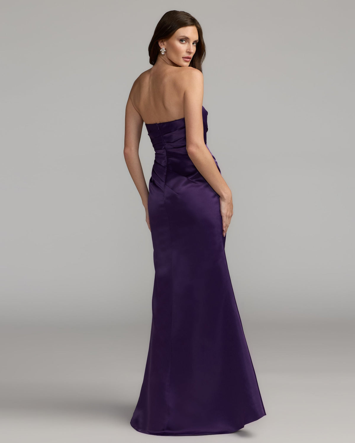 Mac Duggal Dark Purple Strapless Satin Gown With Slit
