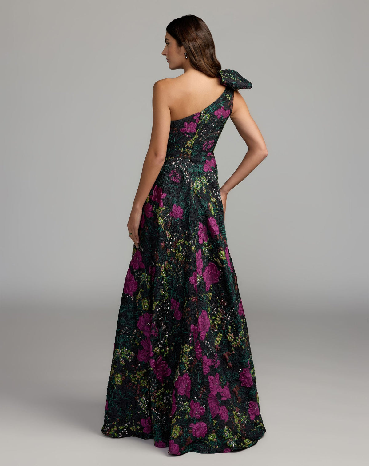 Mac Duggal Petite Black One Shoulder Brocade Floral Gown With Bow