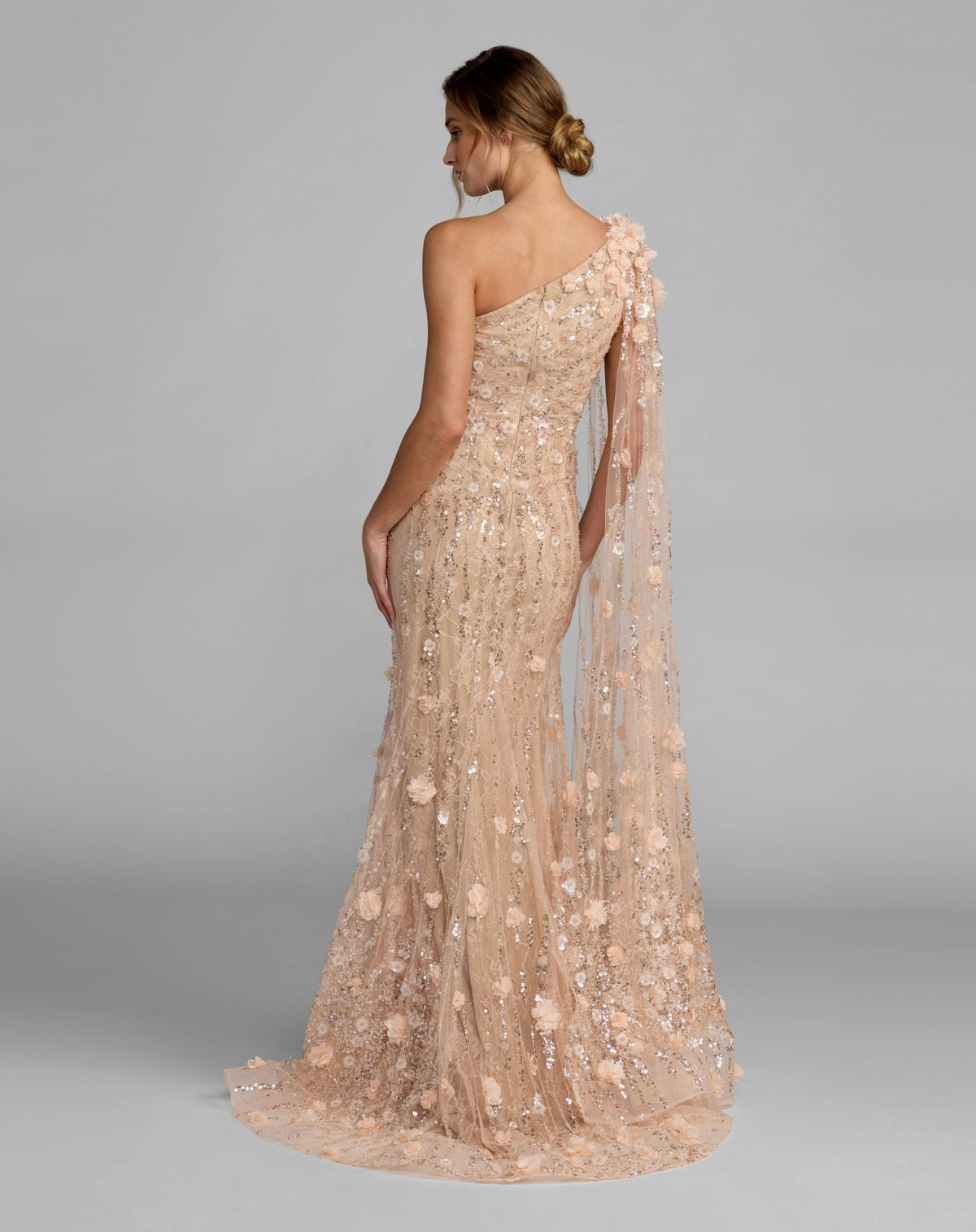 Mac Duggal Petite Beige One Shoulder Embellished Gown With Cape Sleeve