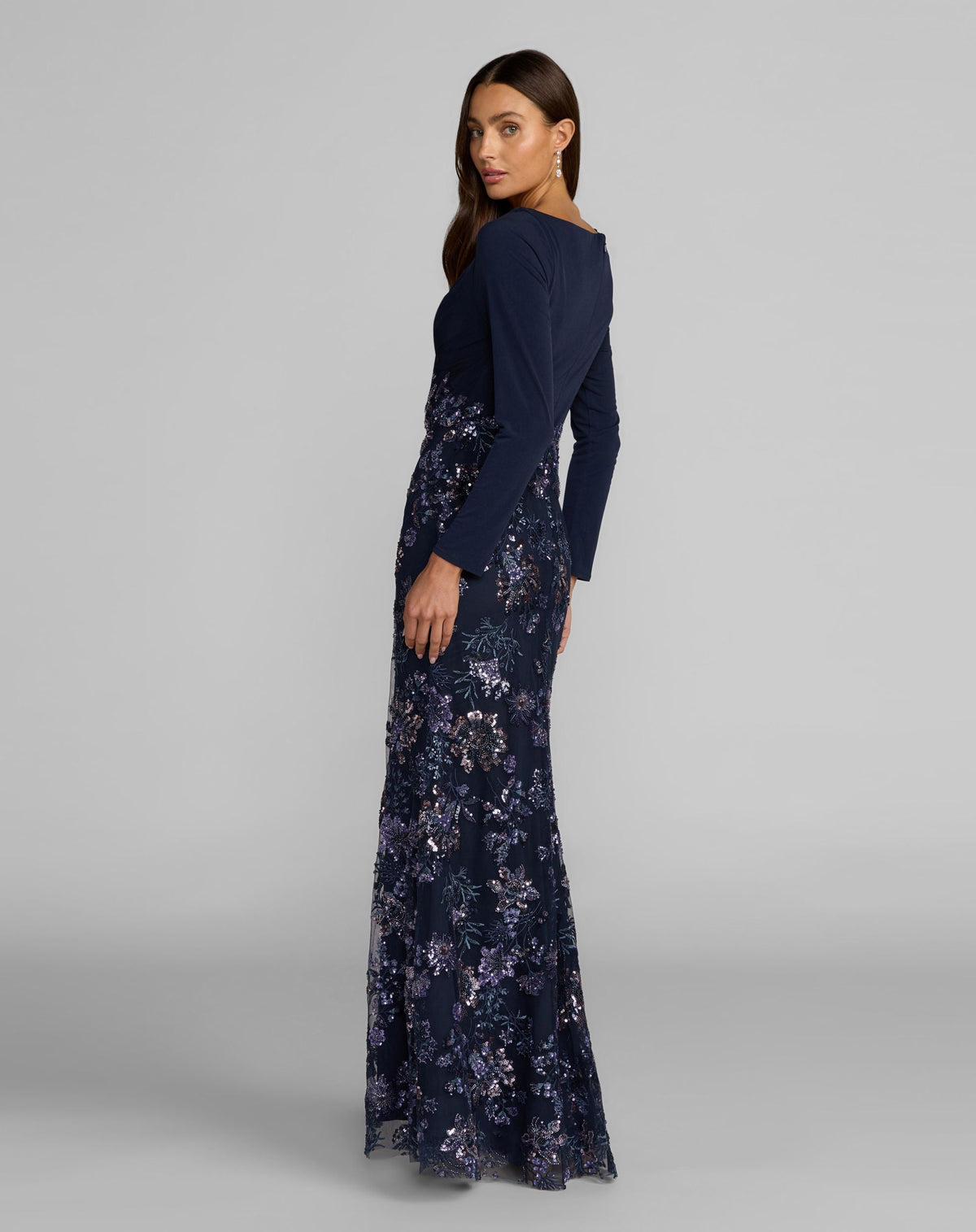 Mac Duggal Petite Navy Floral Embroidered Jersey Long Sleeve Gown