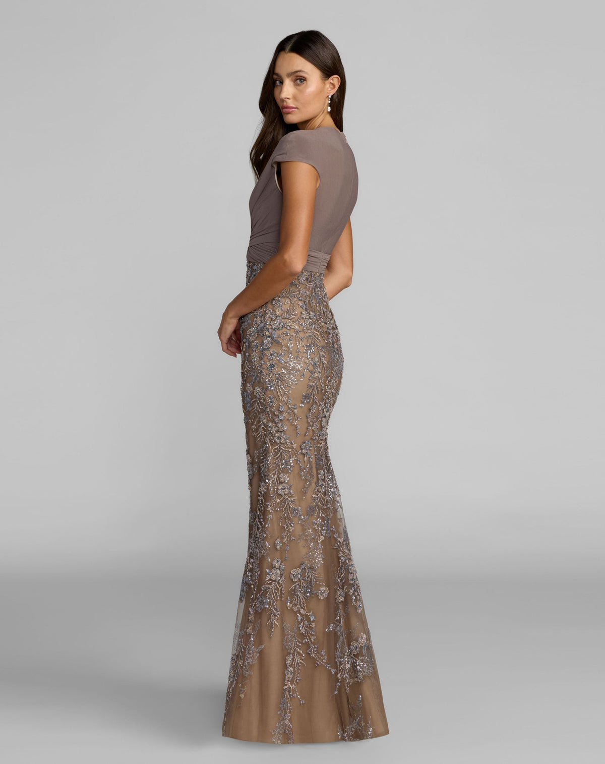 Mac Duggal Beige Floral Embellished Wrap Gown