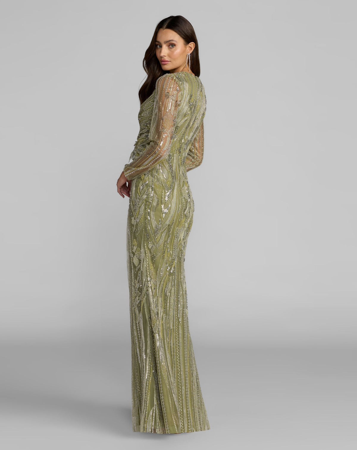 Mac Duggal Green Hand Embellished V-Neck Column Gown