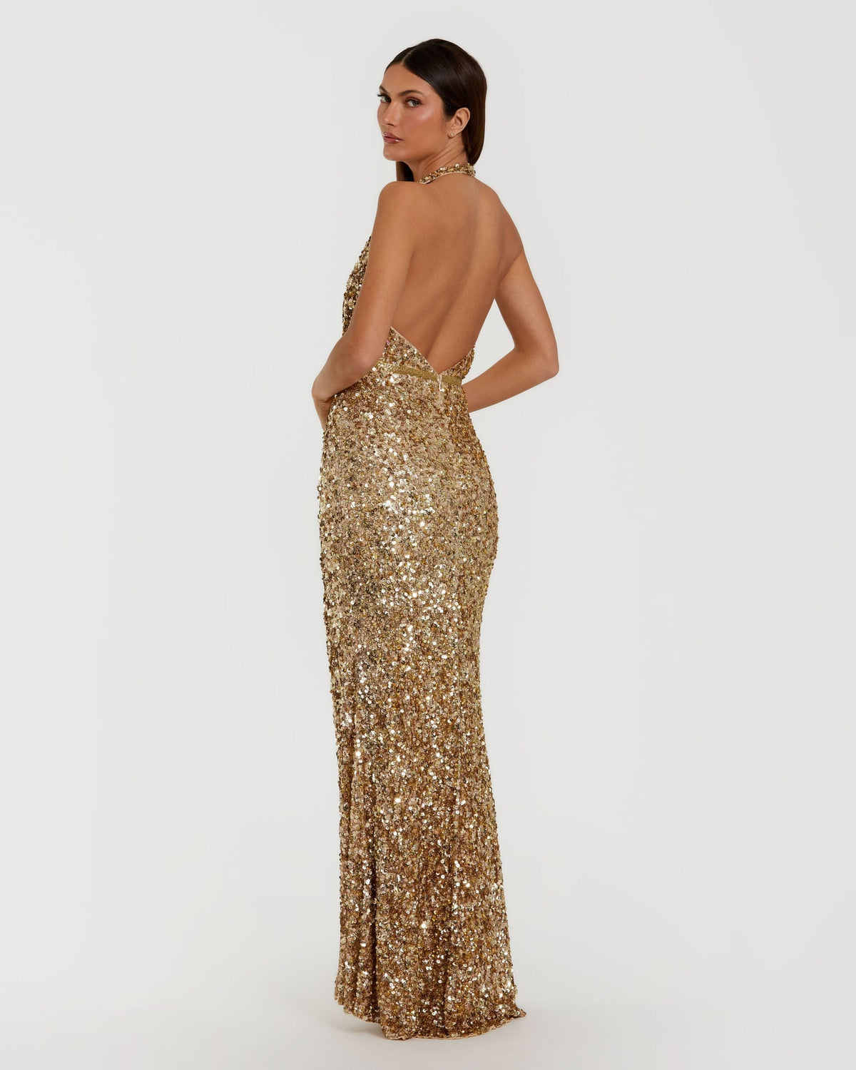 Mac Duggal Gold Sequin Halter Column Gown