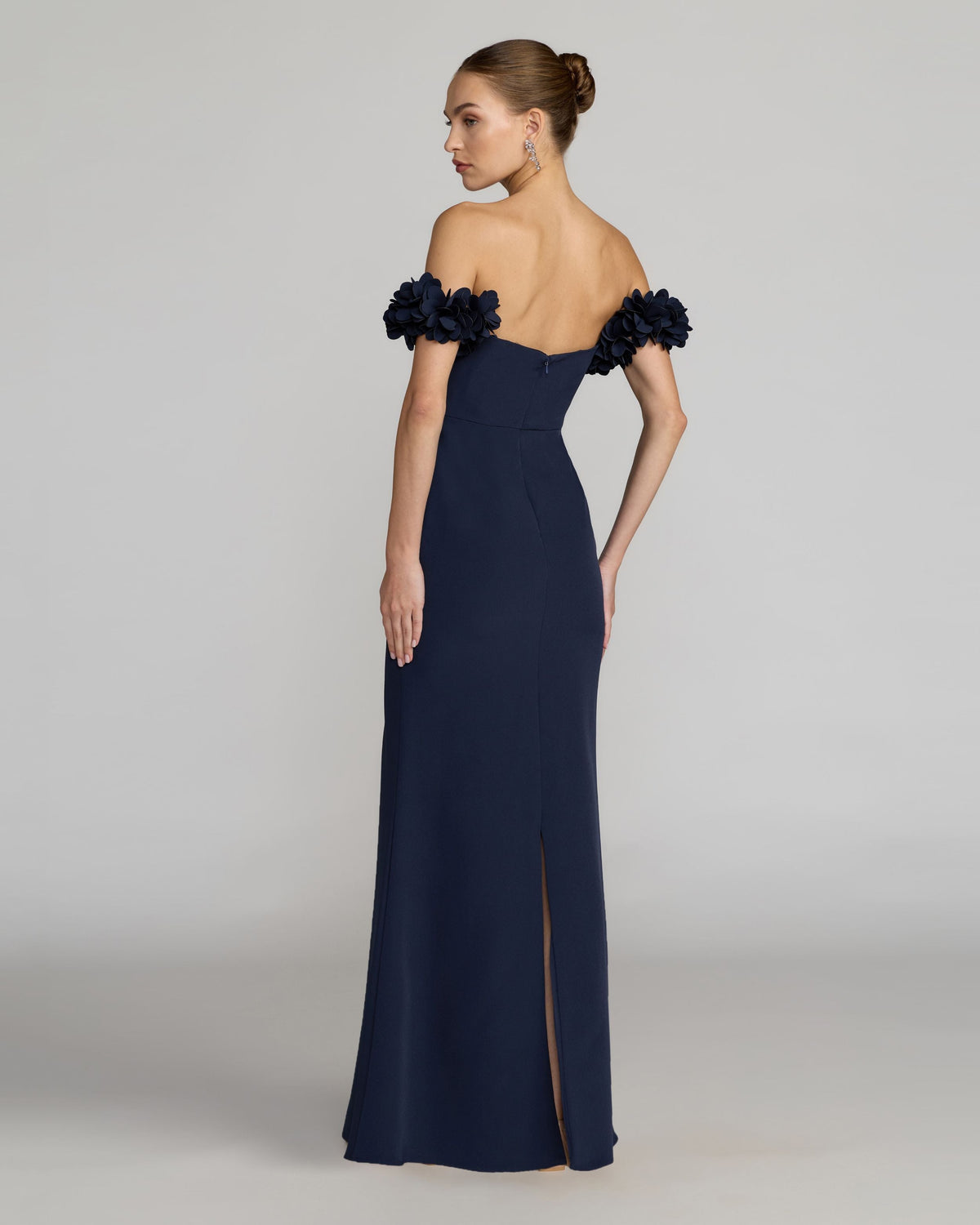 Mac Duggal Petite Navy Crepe Off The Shoulder Gown With 3D Flowers