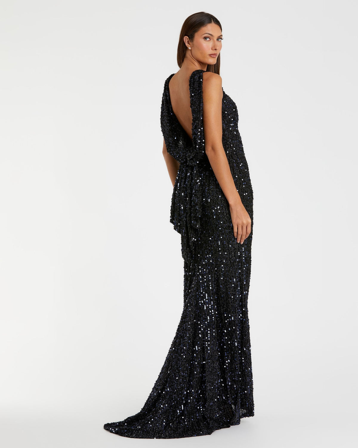 Mac Duggal Petite Navy Sleeveless Cowl Back Sequin Evening Gown