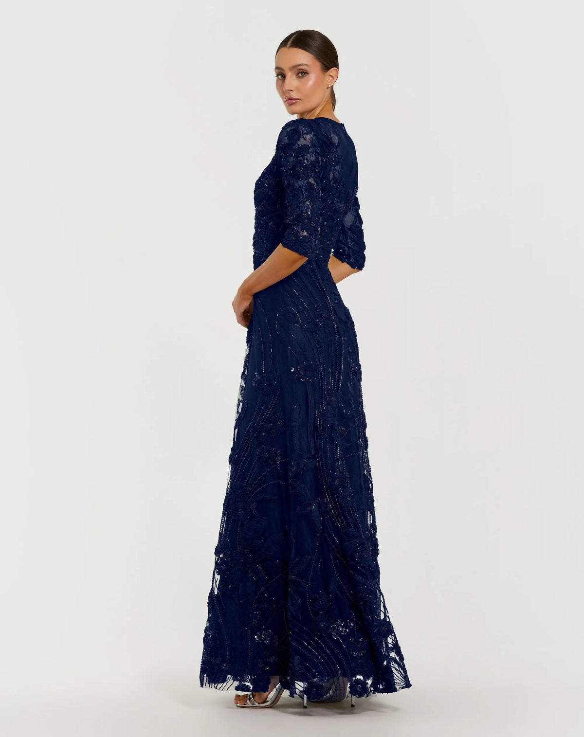 Mac Duggal Petite Navy High Neck Embellished Lace Gown With 3/4 Sleeves